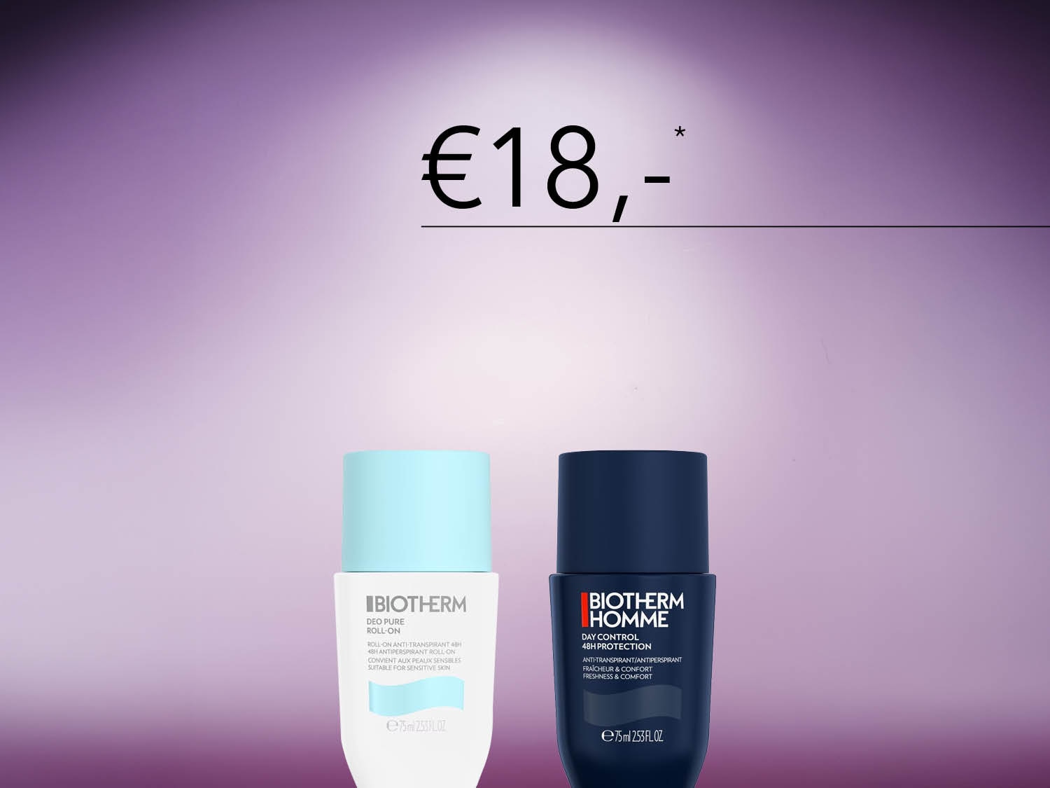 Twee Biotherm deodorants, een blauwe en een witte, staan naast elkaar met de prijs van €18,- erboven.