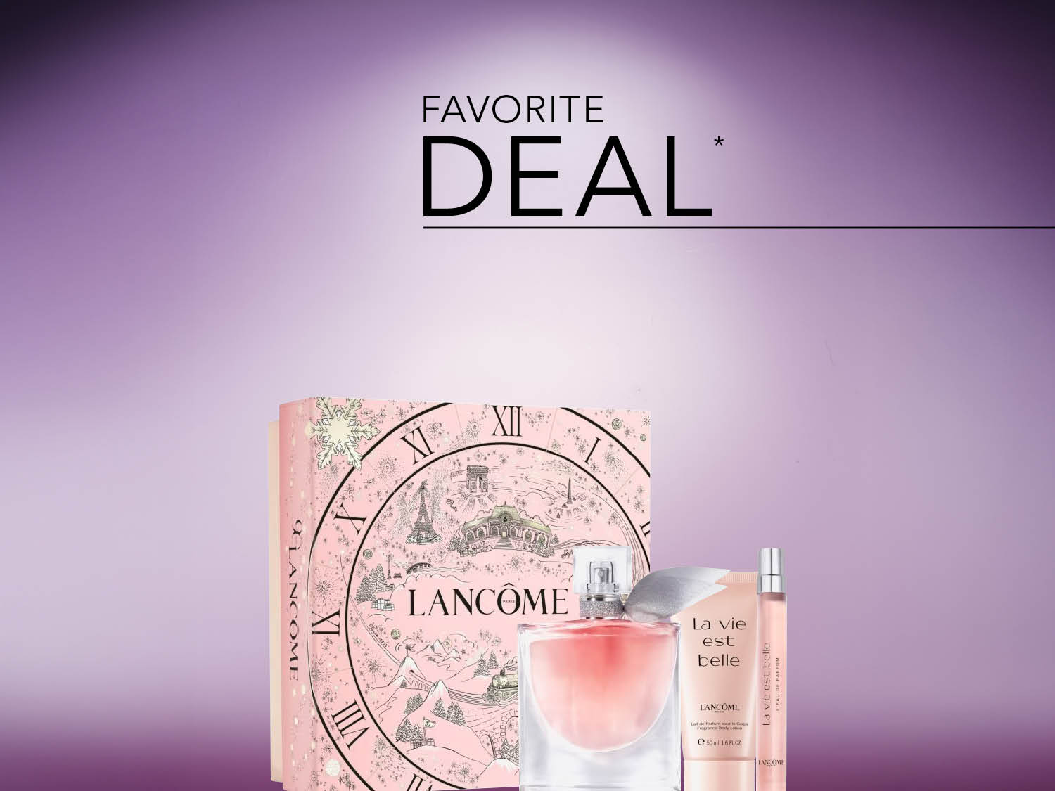 Roze Lancôme La Vie Est Belle parfumset met een kalenderdoos, een fles van 50 ml en een reisverstuiver, met de tekst 'FAVORITE DEAL'.