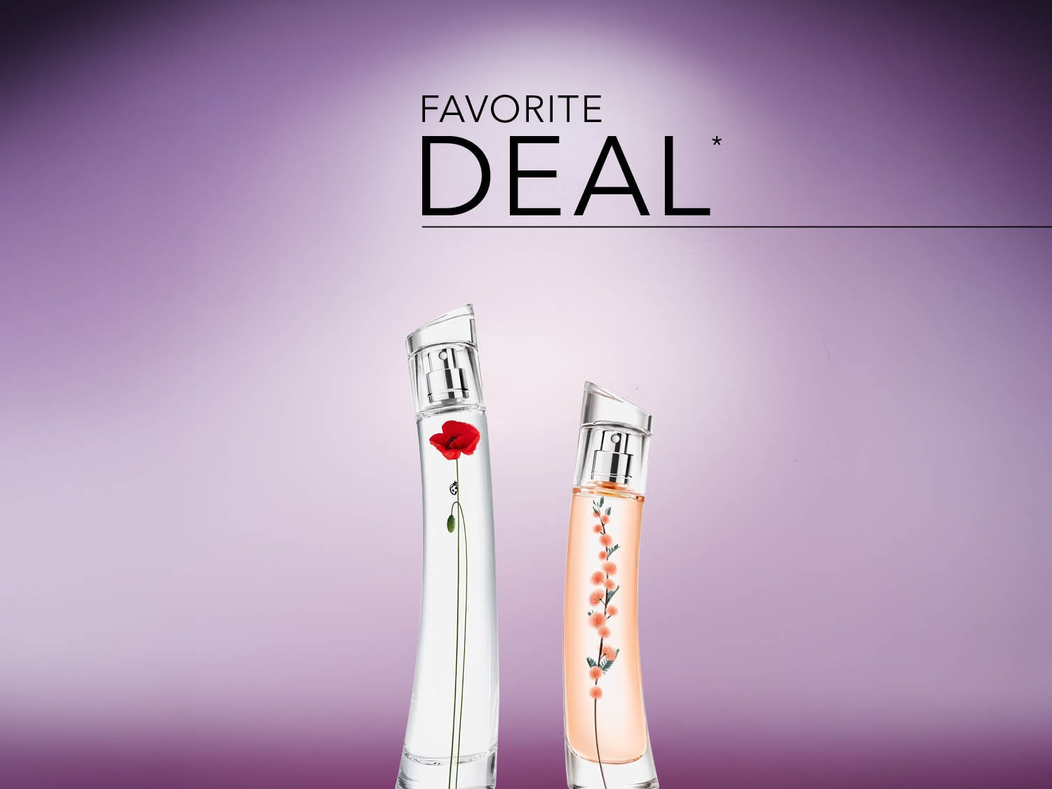 Deux flacons de parfum élégants sur un fond violet dégradé, avec la mention « FAVORITE DEAL » en noir.