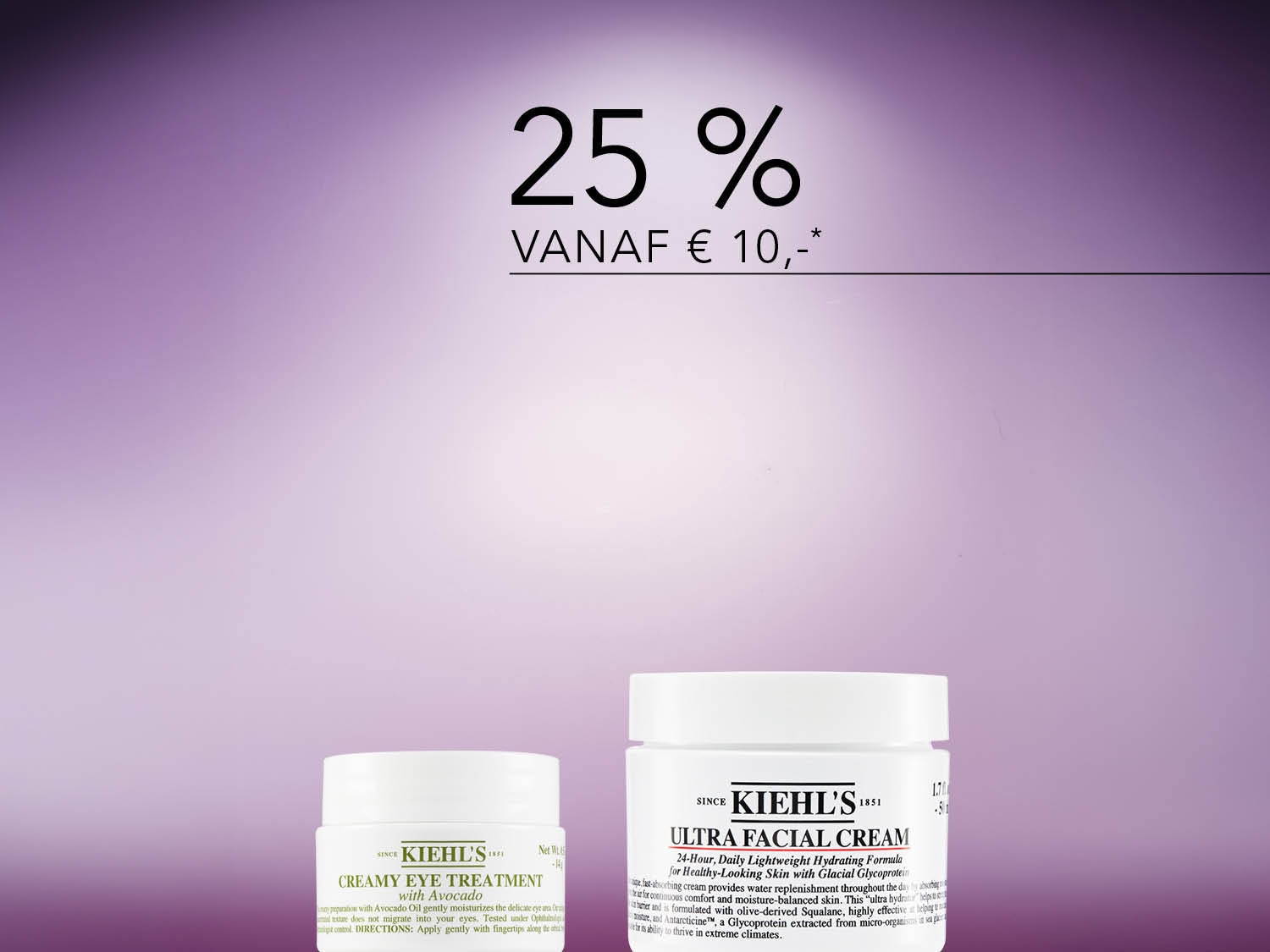 Geniet van 25% korting vanaf € 10,- op Kiehl's Creamy Eye Treatment met avocado en Ultra Facial Cream, voor een gezonde en gehydrateerde huid.
