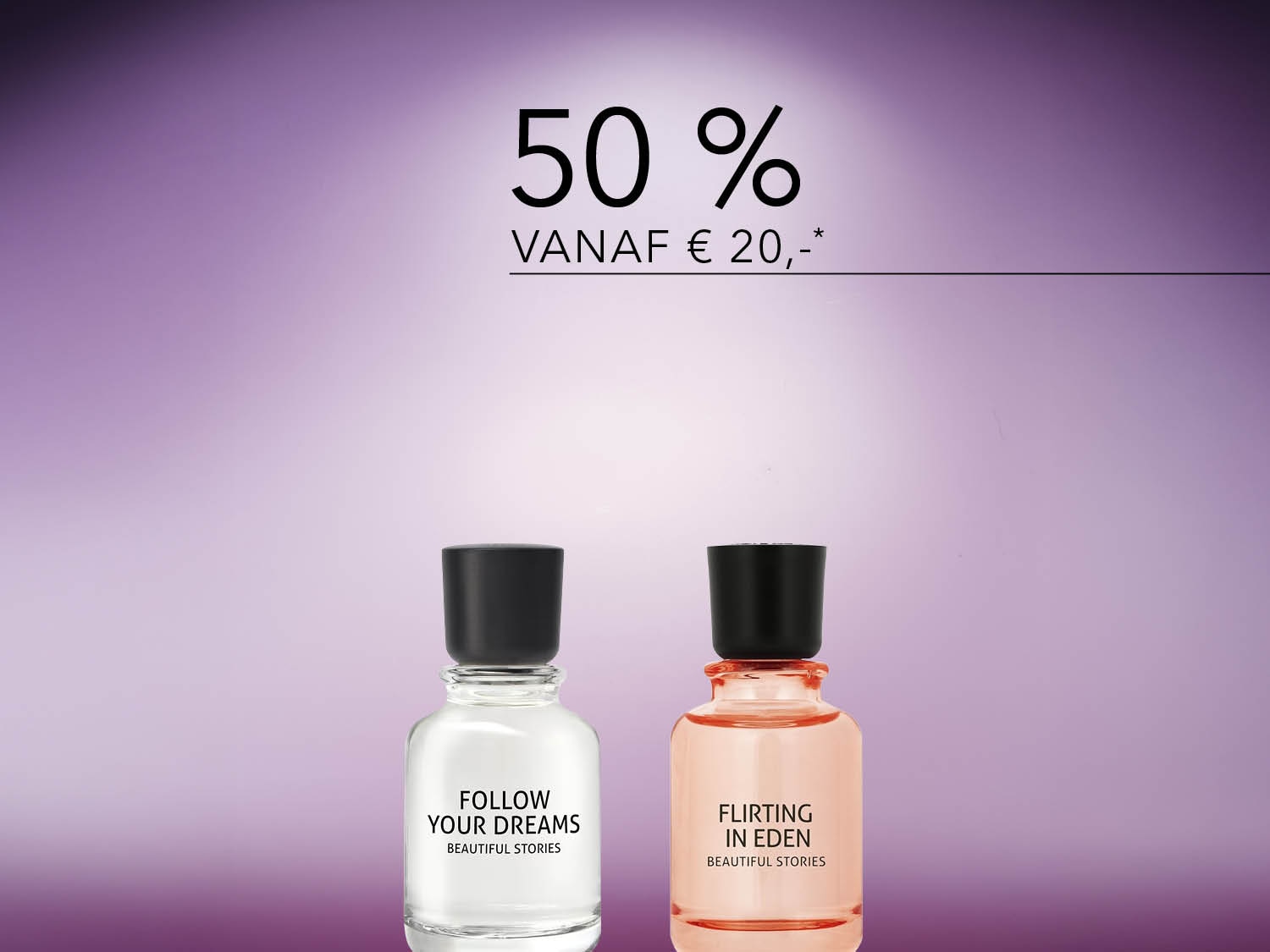 Geniet van 50% korting vanaf € 20,- op Beautiful Stories parfums, waaronder 'Follow Your Dreams' in een heldere flacon en 'Flirting in Eden' in een perzikkleurige flacon.