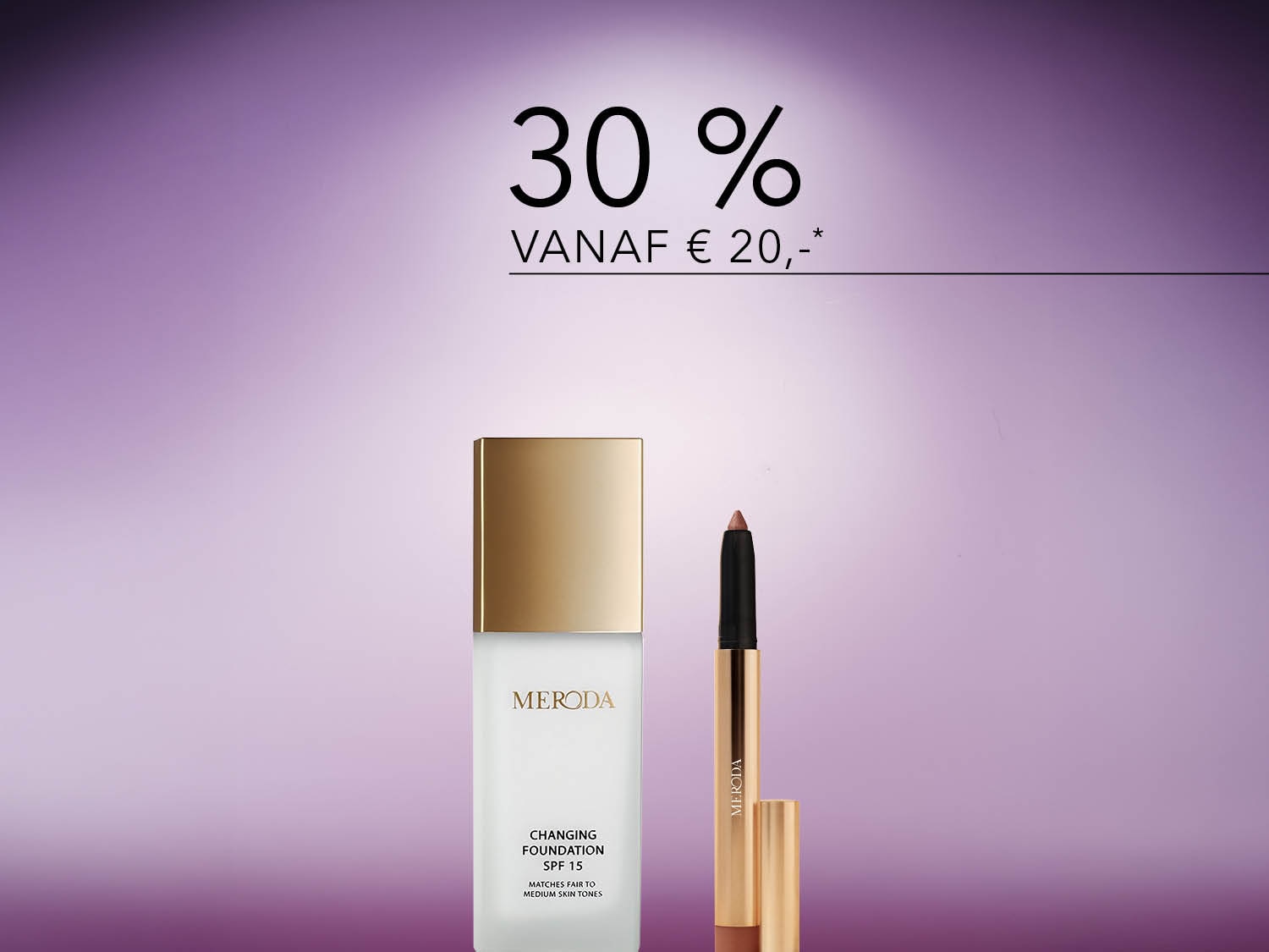 Ontdek Meroda Changing Foundation SPF 15, geschikt voor lichte tot medium huidtinten, samen met een Meroda lippotlood, nu met 30% korting vanaf € 20.