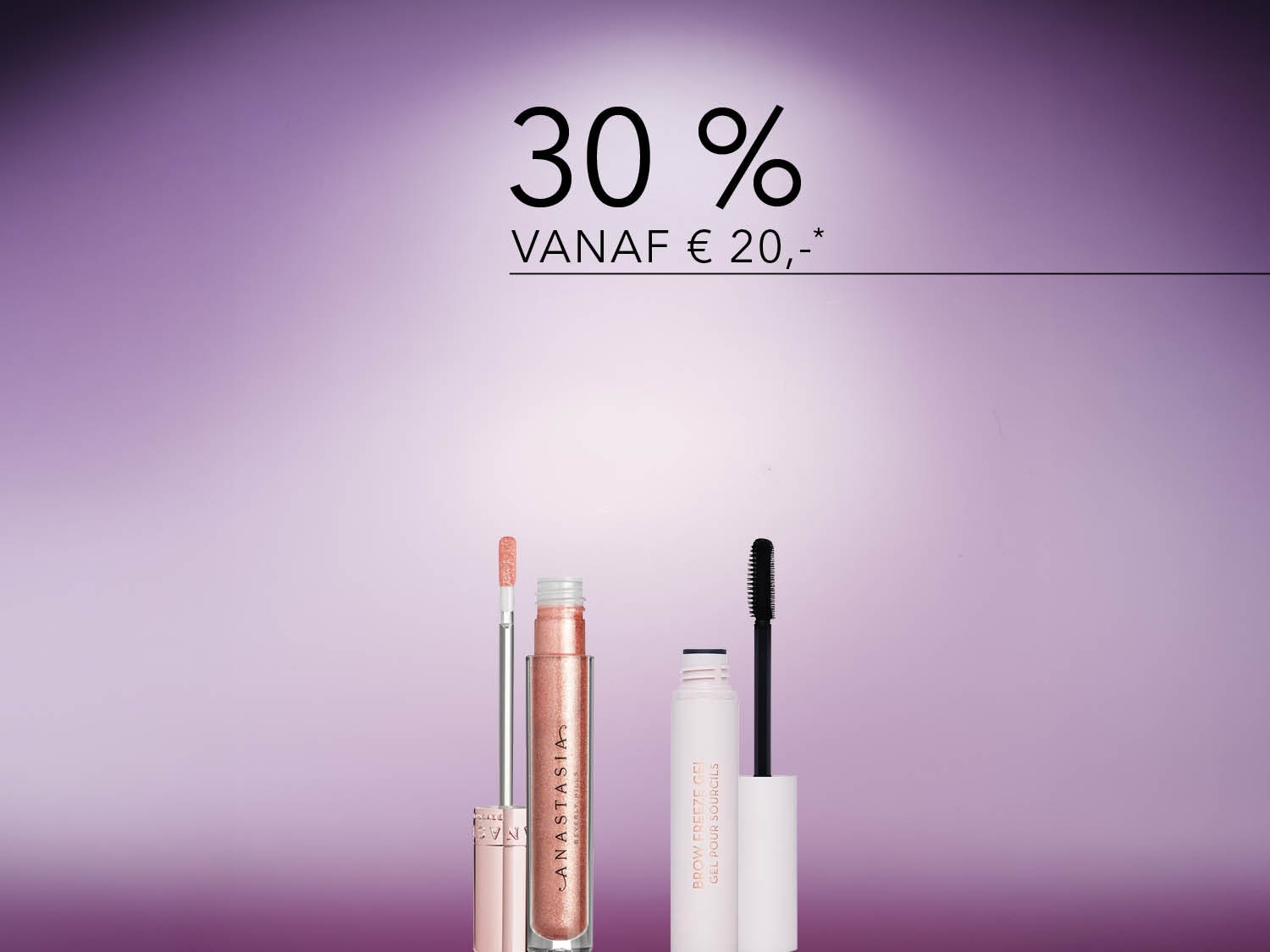 Profiteer van 30% korting op Anastasia Beverly Hills producten vanaf €20, inclusief een glanzende lipgloss en Brow Freeze Gel voor perfect gestylde wenkbrauwen.