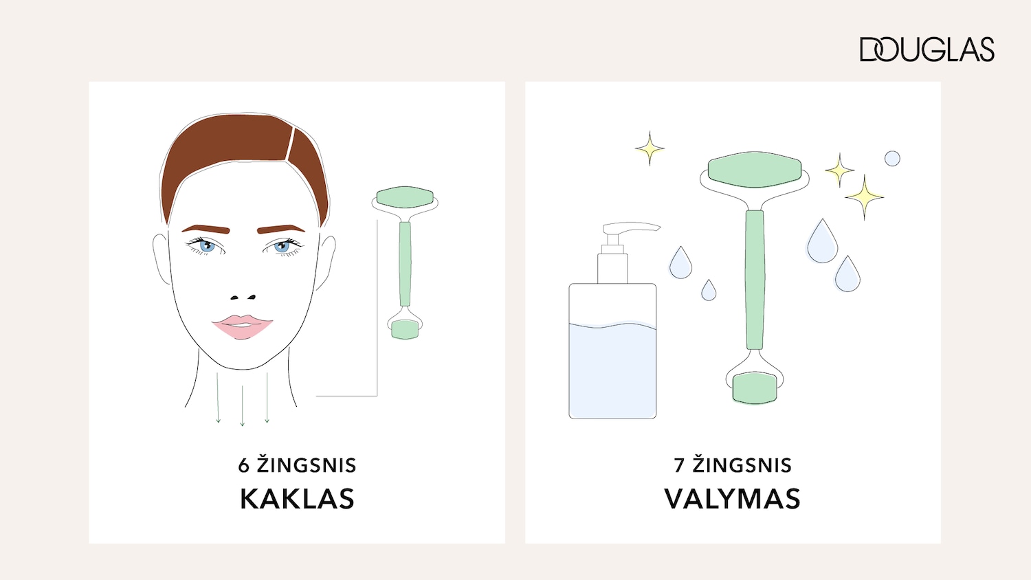 Šeštas žingsnis: kaklo masažas su žaliu masažuokliu, rodyklės žemyn rodo masažo kryptį.