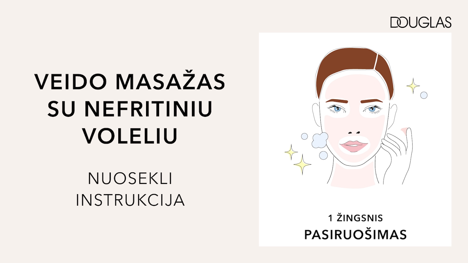 Iliustracija, kurioje pavaizduotas veido masažas su nefrito voleliu, nuosekli instrukcija, 1 žingsnis – pasiruošimas.