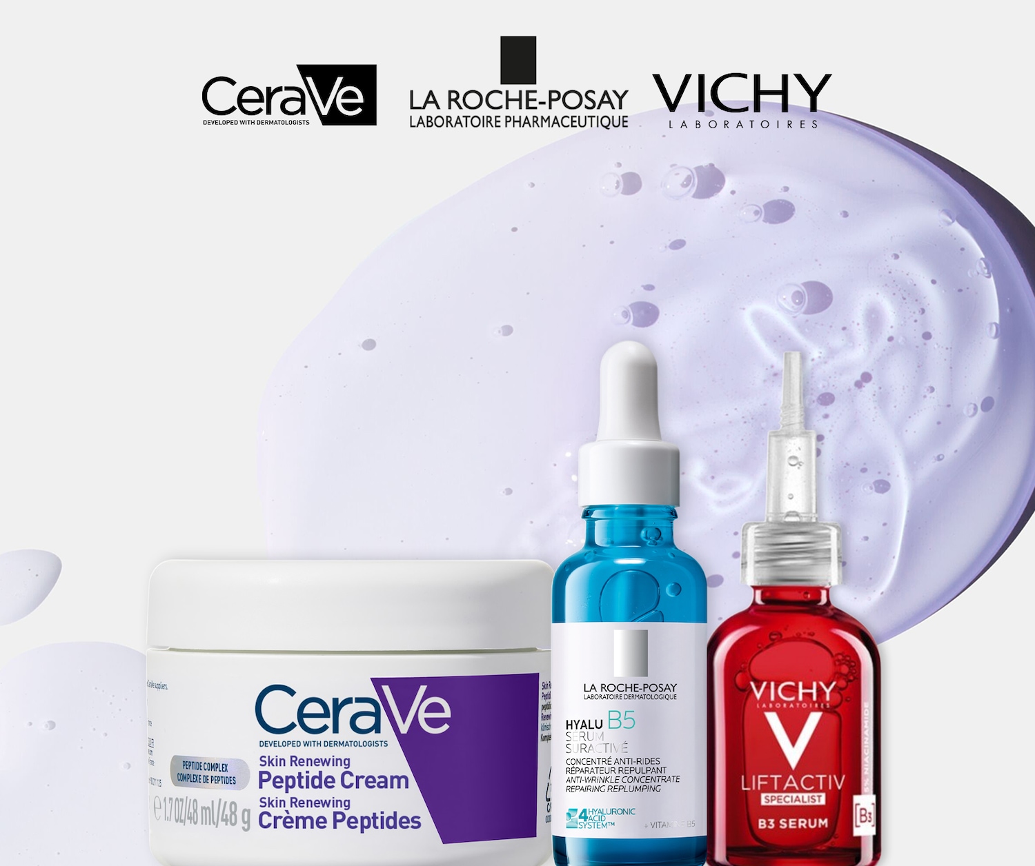 Ontdek de CeraVe Peptide Cream, La Roche-Posay Hyalu B5 Serum en Vichy Liftactiv B3 Serum voor een complete huidverzorgingsroutine.