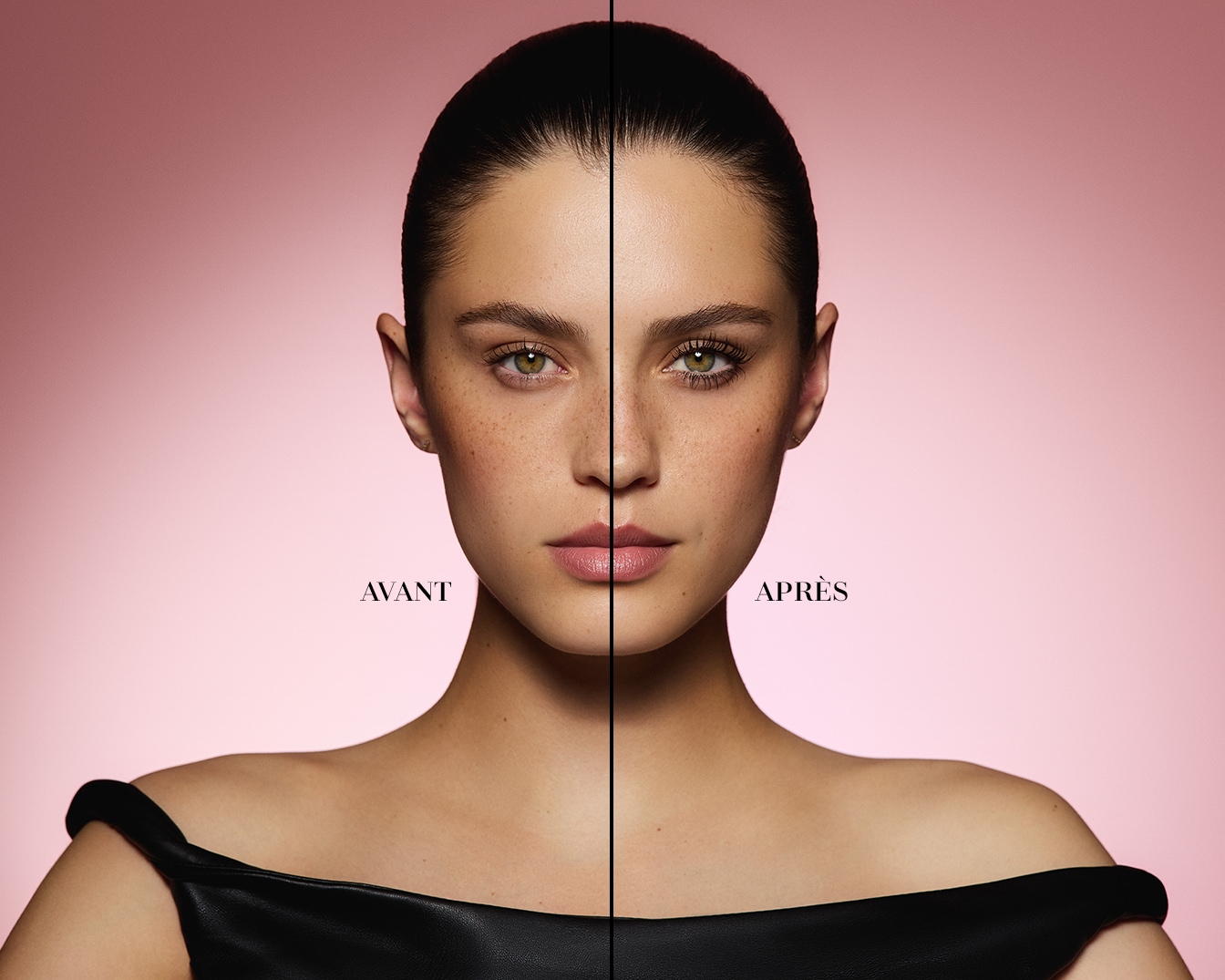 Le visage d'une femme est divisé en deux : « Avant » à gauche, montrant son visage naturel avec des taches de rousseur, et « Après » à droite, où elle porte du mascara qui allonge et épaissit ses cils.