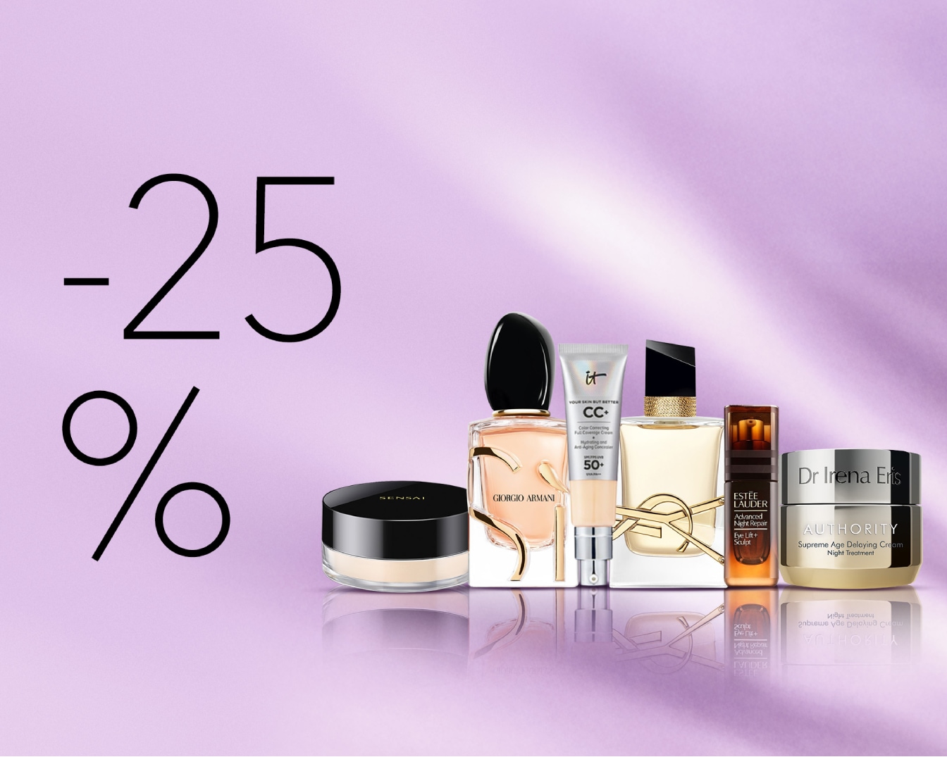 Różnorodność produktów do pielęgnacji i perfum znanych marek, takich jak Giorgio Armani, Estée Lauder i Dr Irena Eris, z rabatem 25%.
