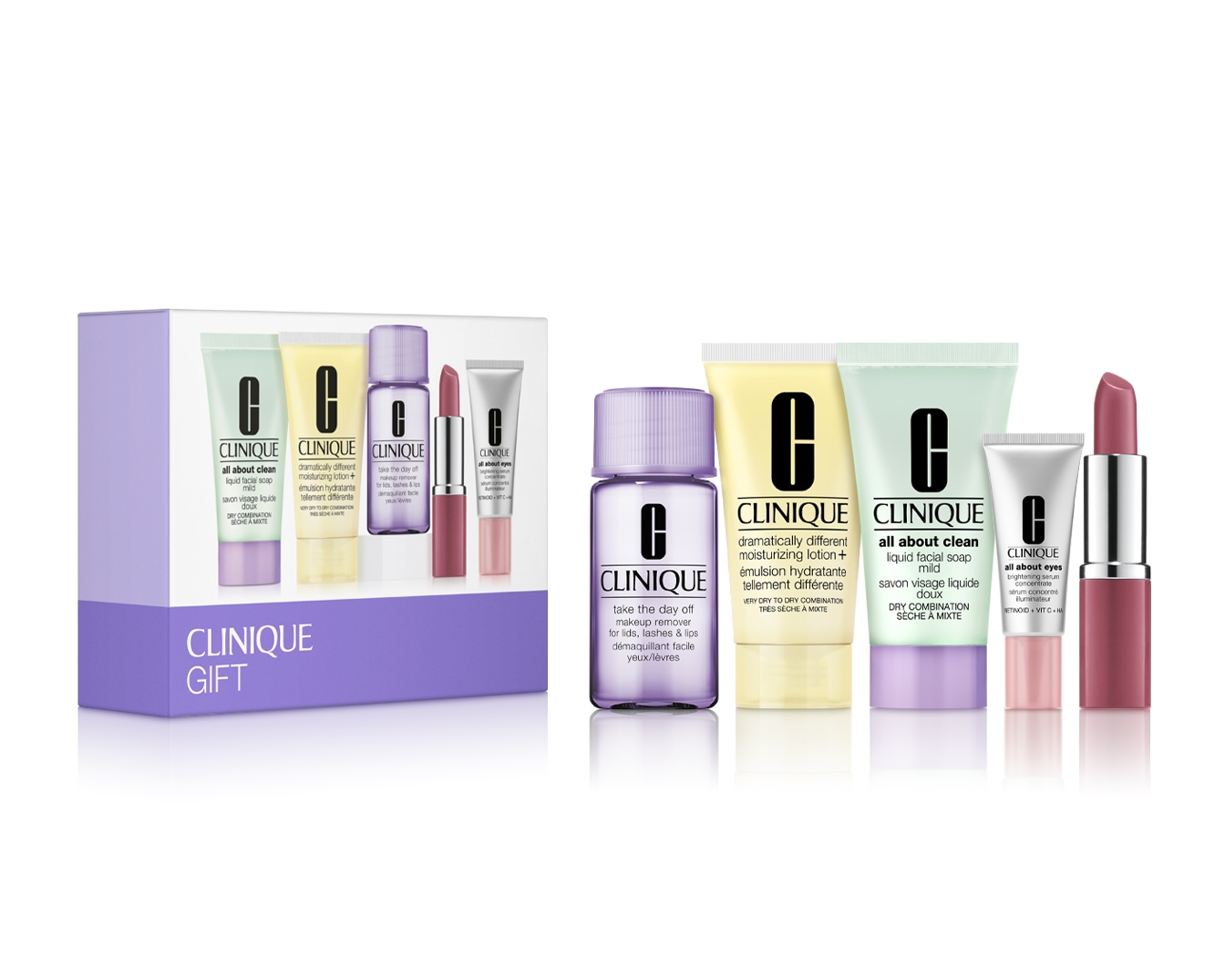 Dárková sada Clinique obsahuje čisticí pleťové mýdlo, hydratační emulzi, odličovač make-upu a rozjasňující oční sérum, vše v cestovním balení.