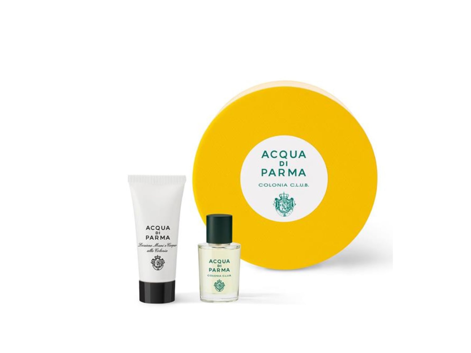 Questo set Acqua di Parma Colonia C.L.U.B. include una lozione mani e corpo, una fragranza in una confezione regalo gialla.