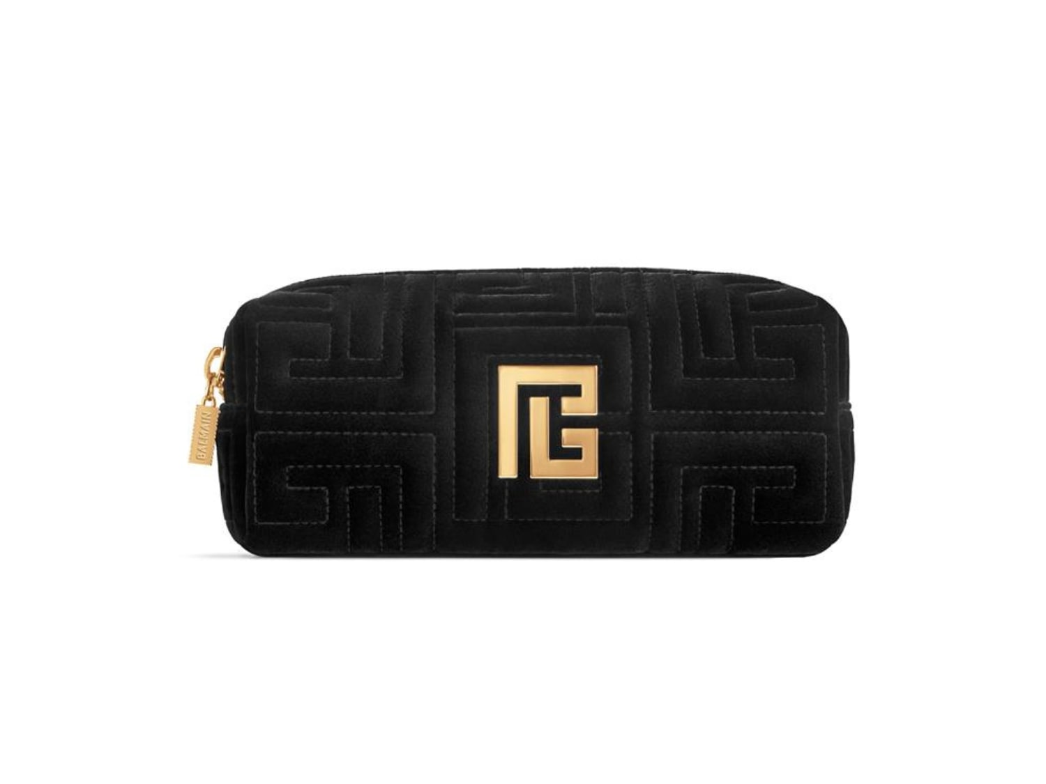 Elegante pochette nera in velluto con motivo geometrico trapuntato e logo dorato, perfetta per custodire i tuoi cosmetici con stile.