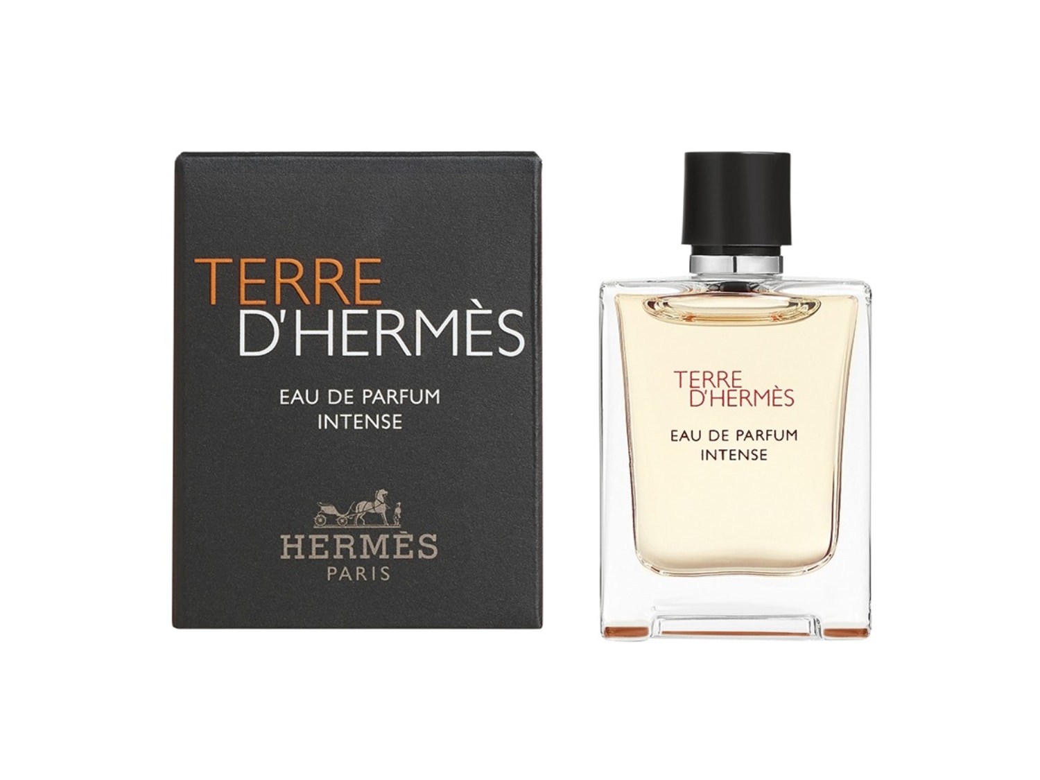 Scopri Terre D'Hermès Eau de Parfum Intense, una fragranza legnosa e minerale in un flacone di vetro trasparente con tappo nero, accompagnato dalla sua confezione nera.