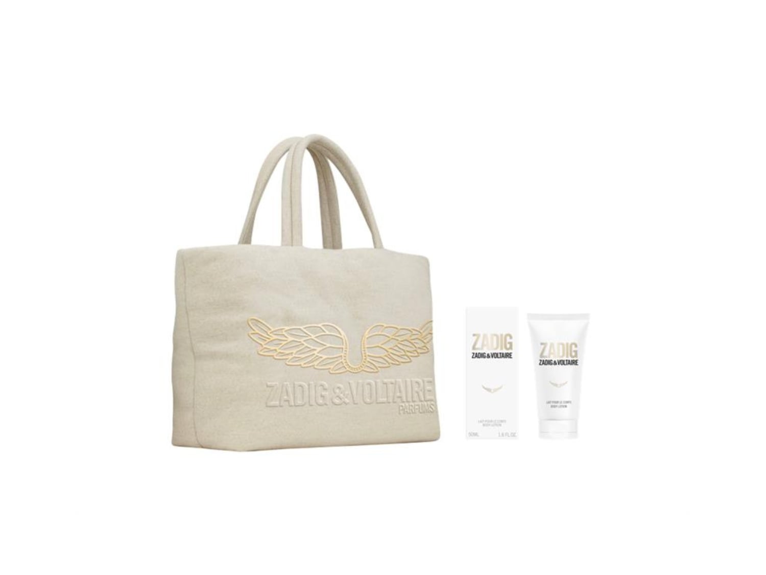 Ecco una borsa tote color crema con il logo dorato di Zadig & Voltaire, affiancata da una confezione e un tubetto di crema corpo bianchi, per un'esperienza di lusso completa.
