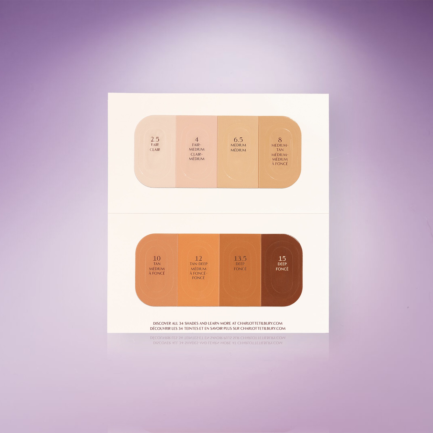 Palette présentant 8 nuances de fond de teint, allant de "2.5 Fair Clair" à "15 Deep Foncé", offrant un aperçu des 34 teintes disponibles sur Charlottetilbury.com.
