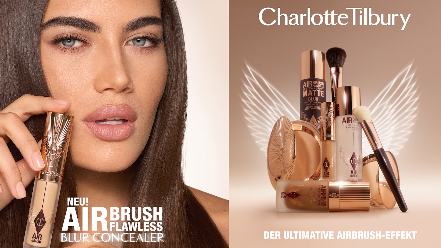 Entdecke den NEUEN Airbrush Flawless Blur Concealer von Charlotte Tilbury, gehalten von einem Model mit strahlenden Augen und sanften Lippen.