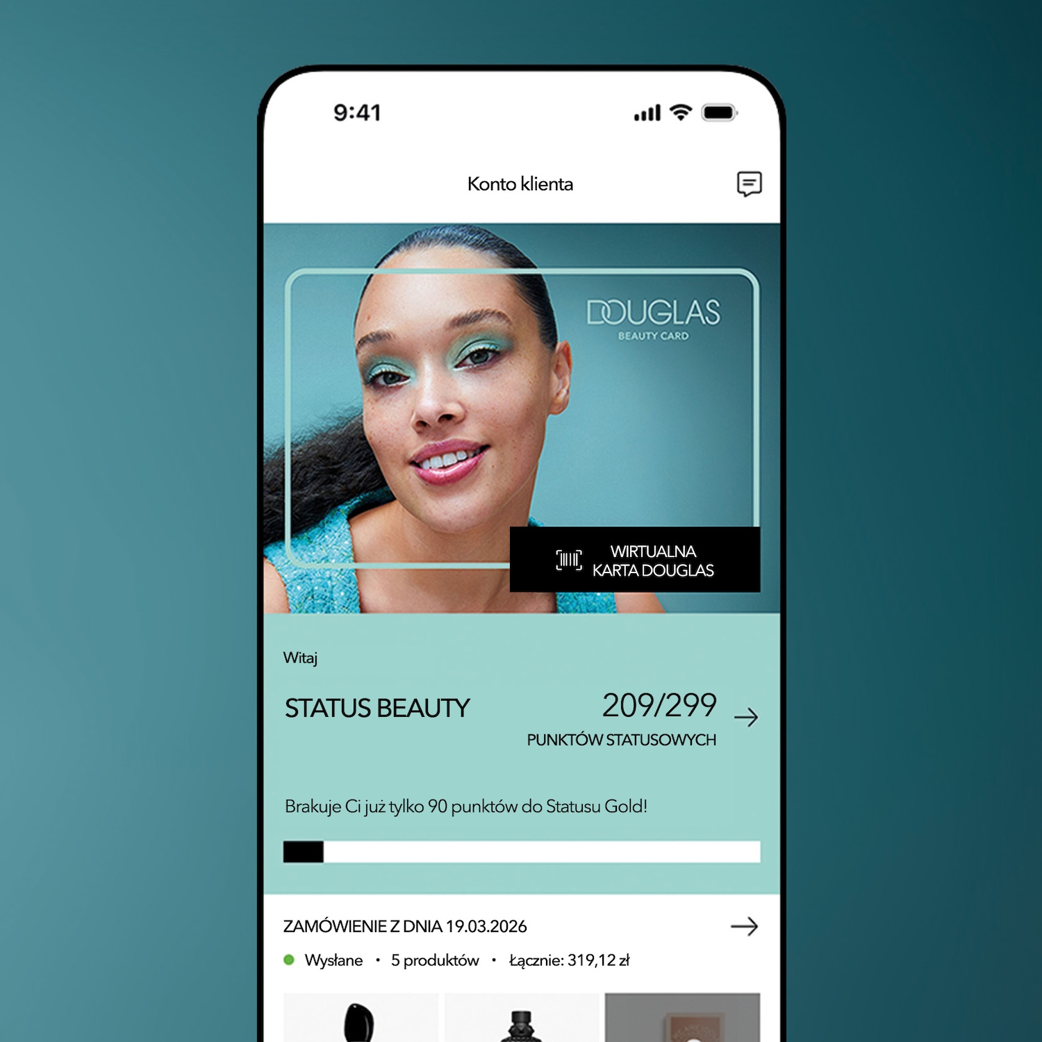 Ekran telefonu z aplikacją Douglas, prezentujący kartę lojalnościową z wizerunkiem uśmiechniętej kobiety z zielonym makijażem oczu i informacją o statusie beauty.