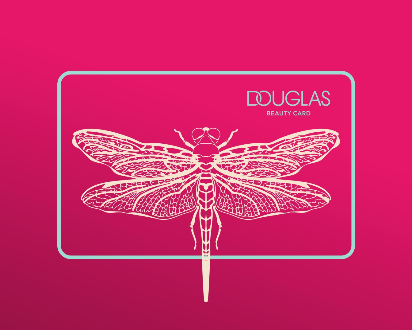 Różowa karta Douglas Beauty Card z ilustracją ważki w kolorze kremowym, otoczona turkusową ramką.