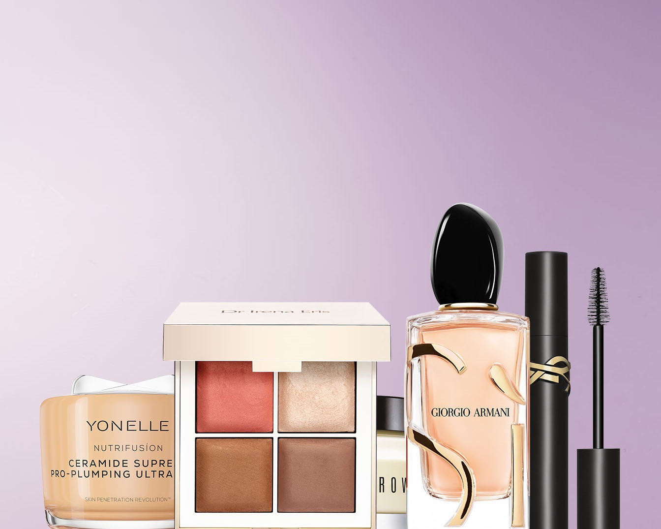 Kolekcja kosmetyków do makijażu i pielęgnacji skóry, w tym podkład YONELLE Nutrifusion, paleta cieni Dr Irena Eris, perfumy Giorgio Armani i tusz do rzęs YSL, na fioletowym tle.