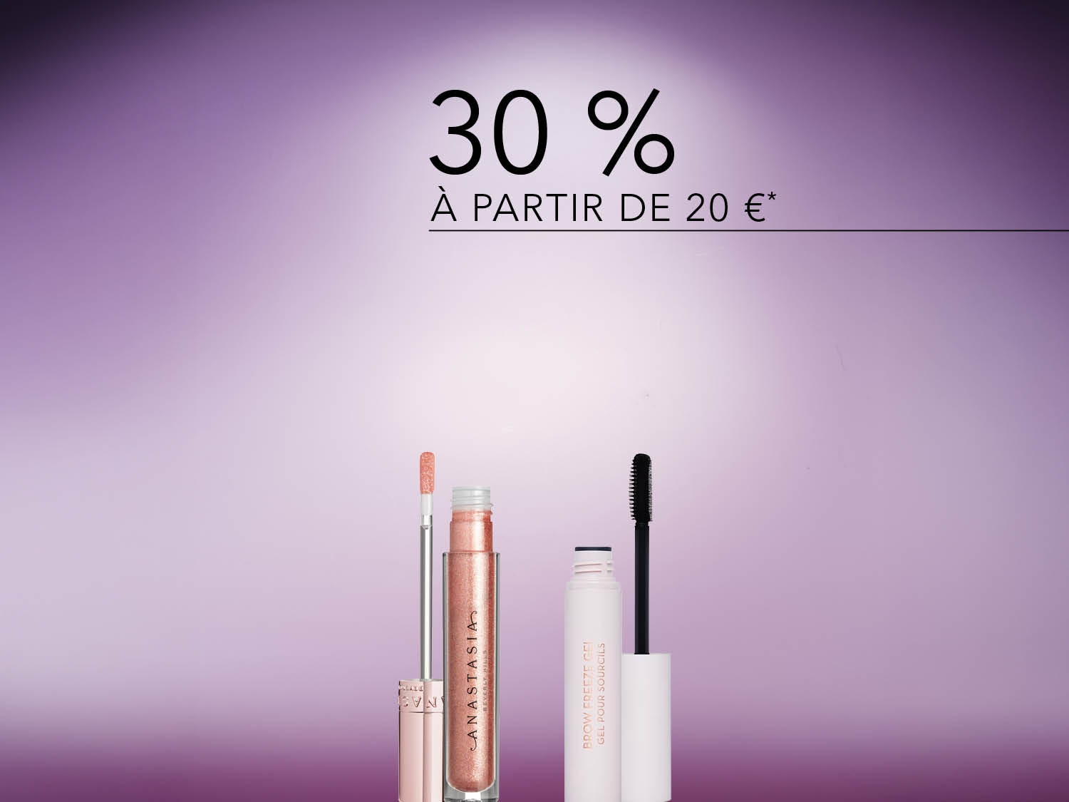 Profitez de 30% de réduction à partir de 20 € sur les produits de beauté Anastasia Beverly Hills, comprenant un brillant à lèvres rose scintillant et un gel fixateur pour sourcils.