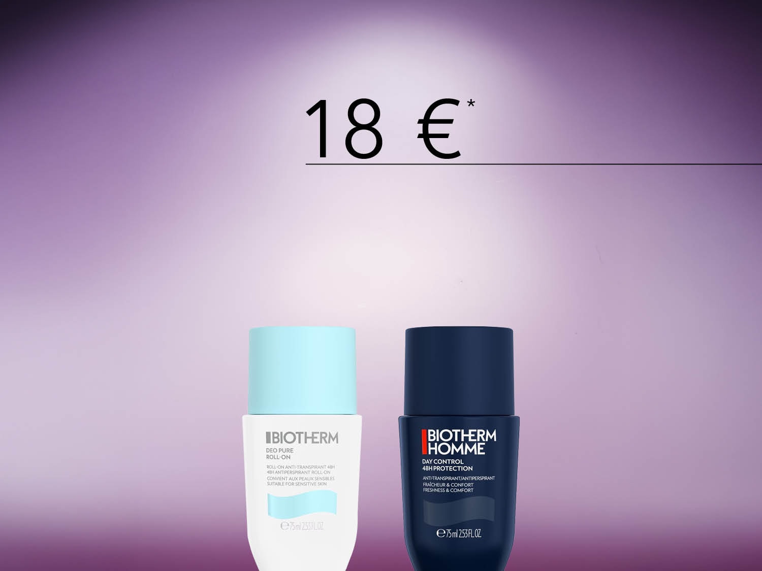 Deux déodorants Biotherm sont proposés à 18€ : un déodorant roll-on pur pour femme avec un bouchon bleu clair et un déodorant homme 48H protection avec un bouchon bleu marine.