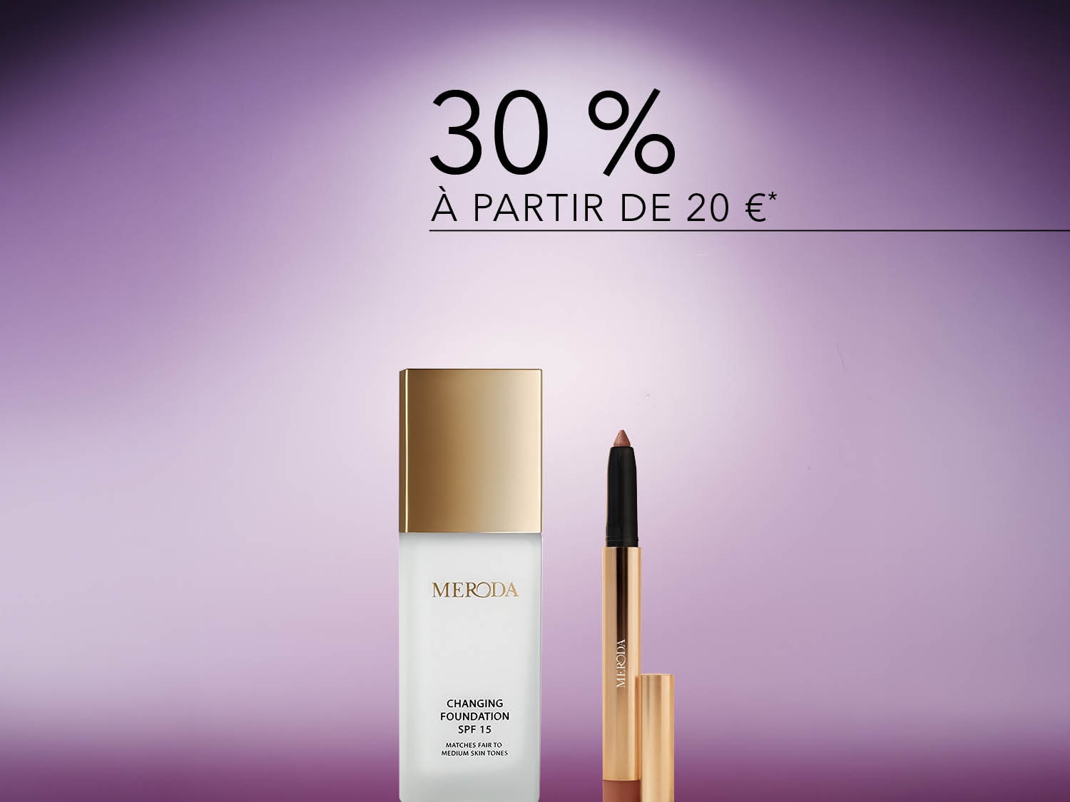 Découvrez le fond de teint changeant SPF 15 de MERODA, idéal pour les teints clairs à moyens, et profitez de 30% de réduction à partir de 20 €.