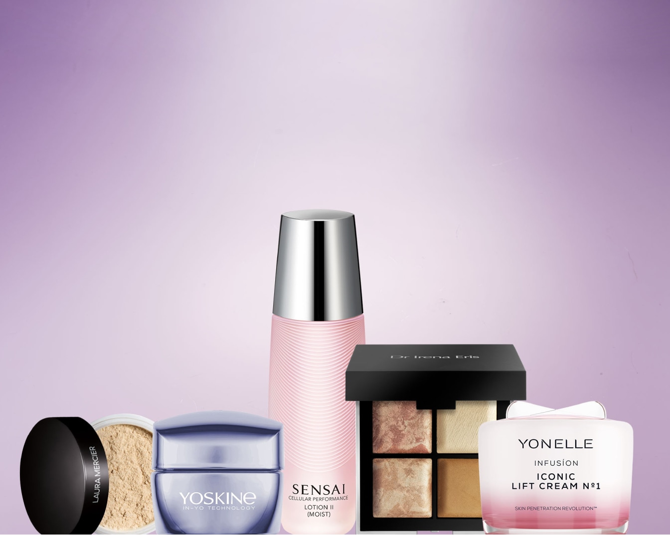 Różnorodność produktów do pielęgnacji skóry i makijażu, w tym puder Laura Mercier, krem Yoskine, lotion Sensai, paleta cieni Dr Irena Eris i krem Yonelle, na fioletowym tle.