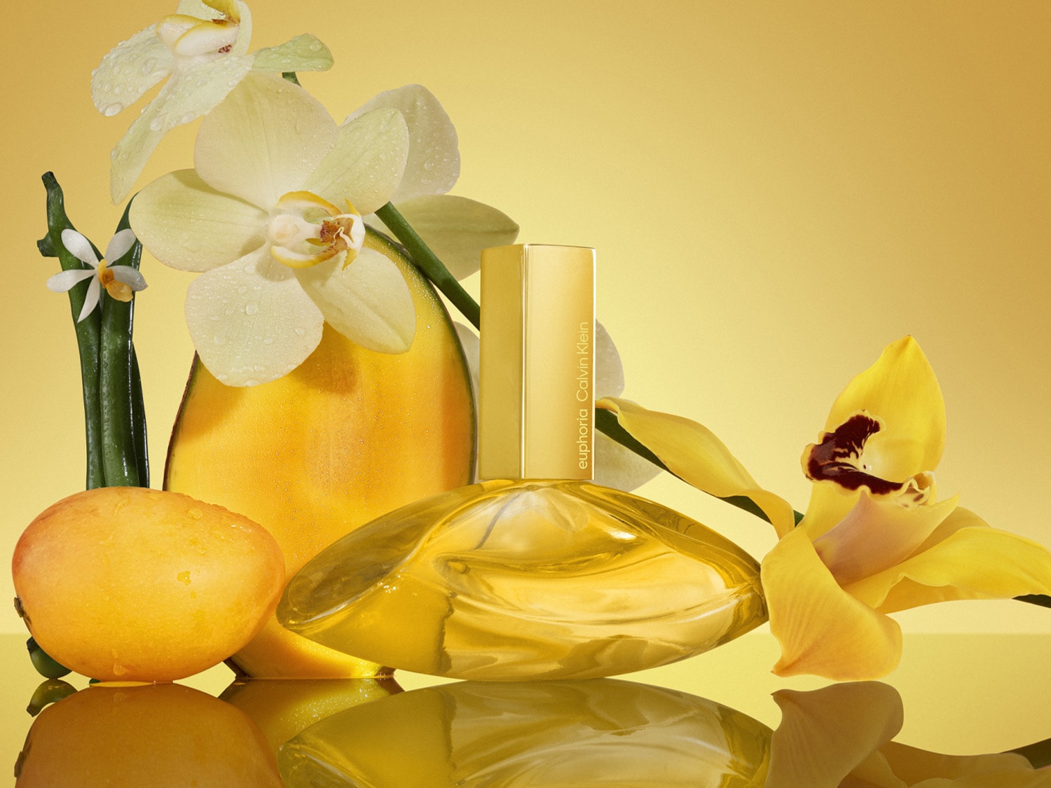 Zlatavá vůně Calvin Klein Euphoria se snoubí s květy orchidejí a šťavnatým mangem, vytvářejíc luxusní a smyslný zážitek.