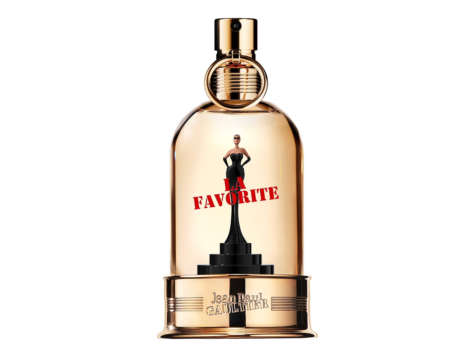 Flakon perfum Jean Paul Gaultier La Favorite w kształcie złotej statuetki z figurką kobiety w czarnej sukni i napisem "LA FAVORITE" w kolorze czerwonym.