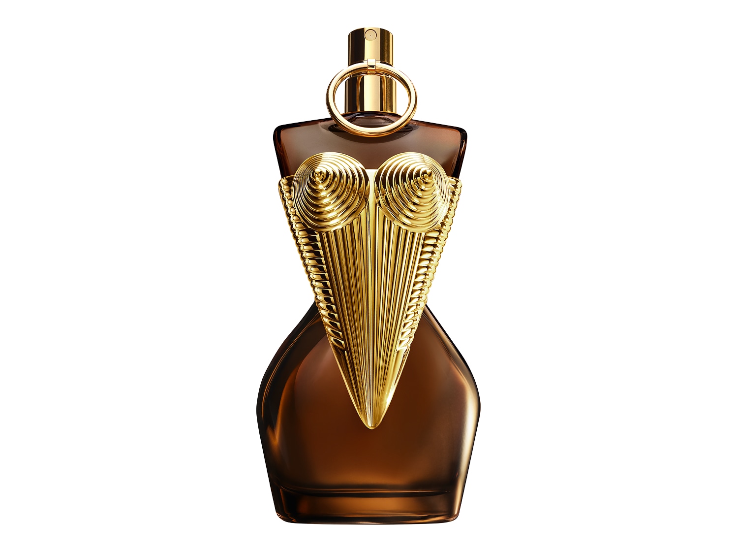 Flakon perfum Jean Paul Gaultier La Belle Le Parfum w kształcie kobiecej sylwetki, z brązowego szkła, ozdobiony złotym gorsetem i złotym pierścieniem na szyjce.