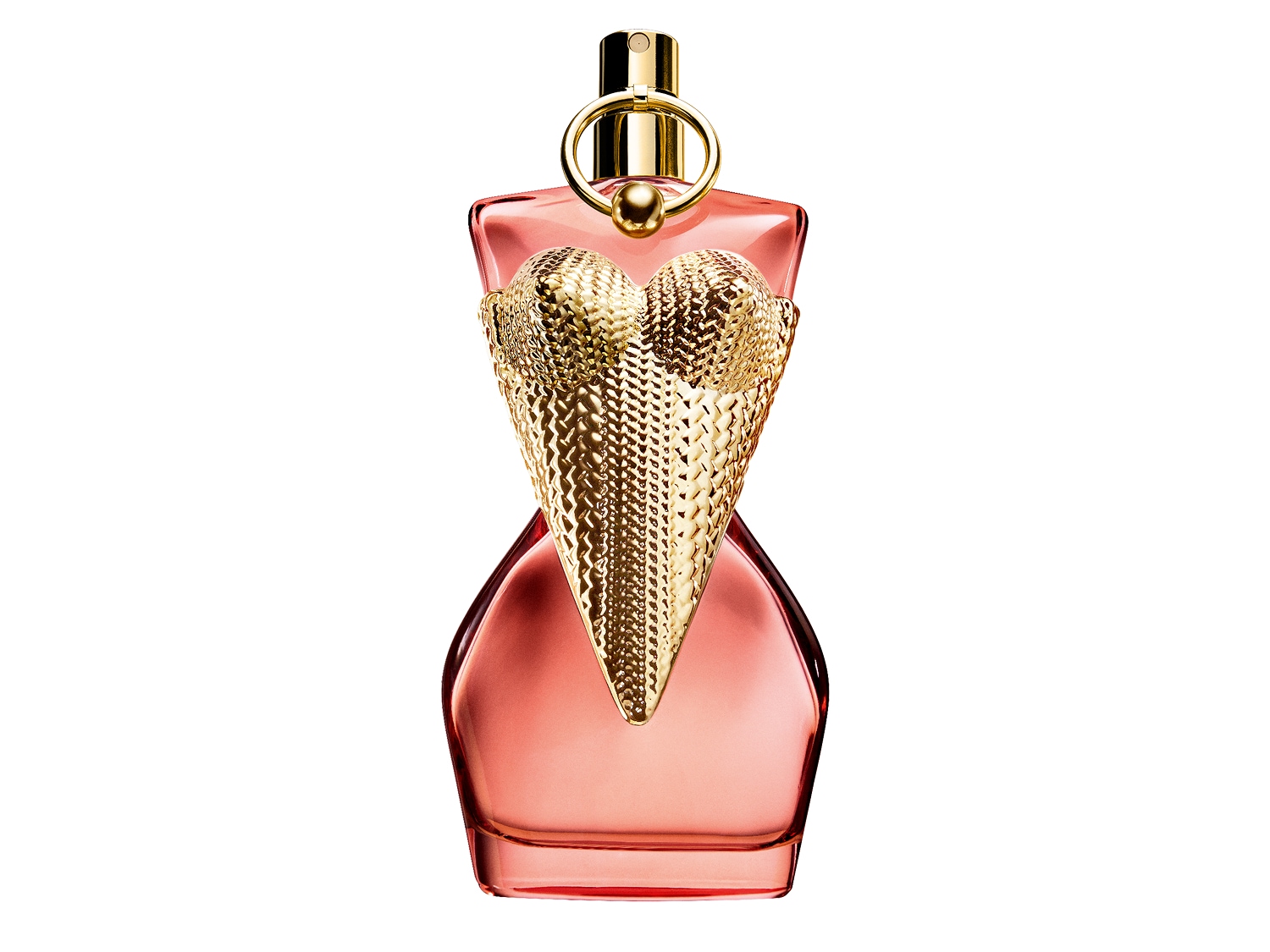 Różowy flakon perfum w kształcie kobiecej sylwetki, ozdobiony złotym gorsetem w kształcie stożka, z pierścieniem na szyjce.