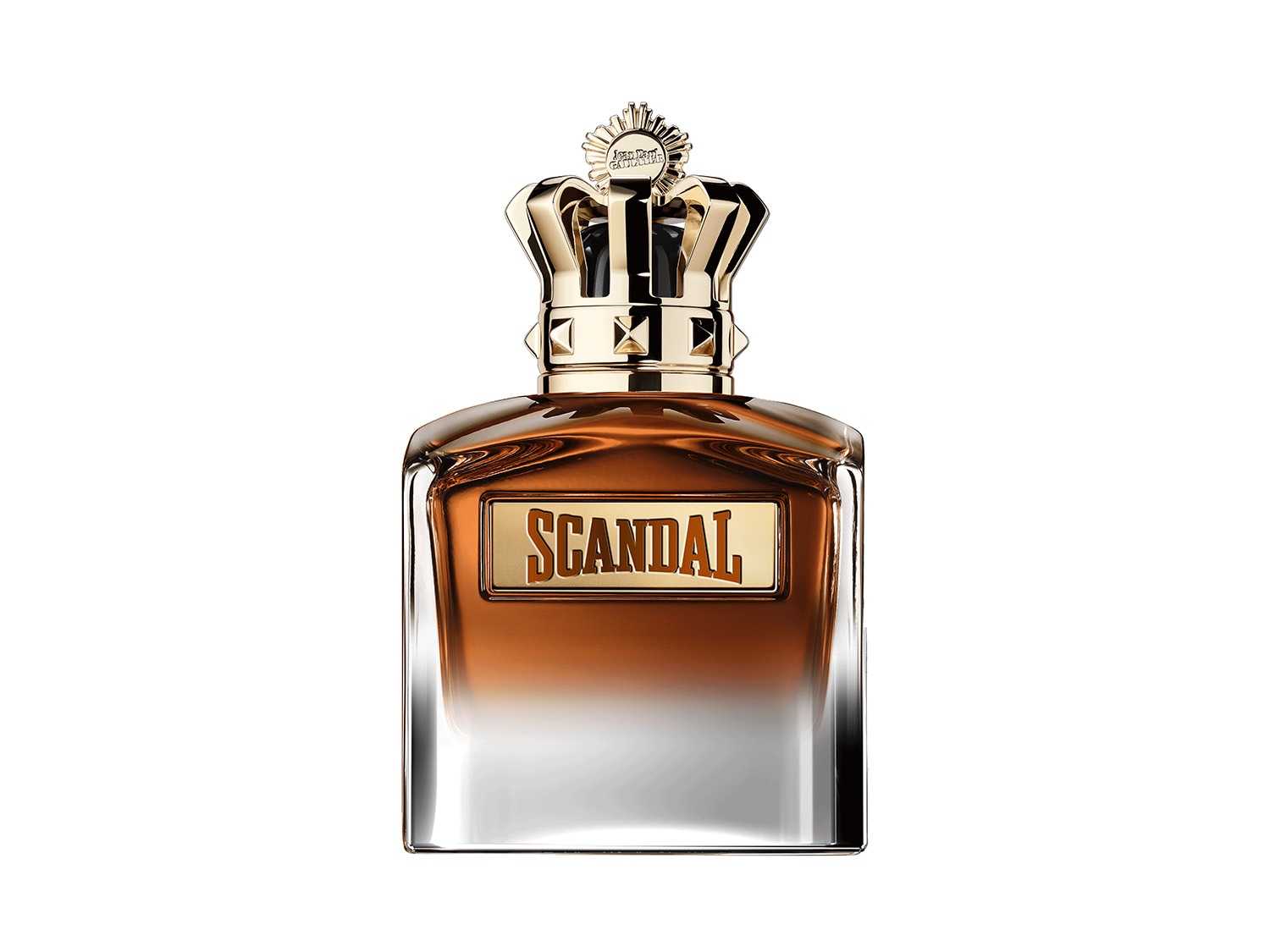 Flakón parfému Scandal má zlatou korunku a hnědou tekutinu, která přechází do průhledného skla.