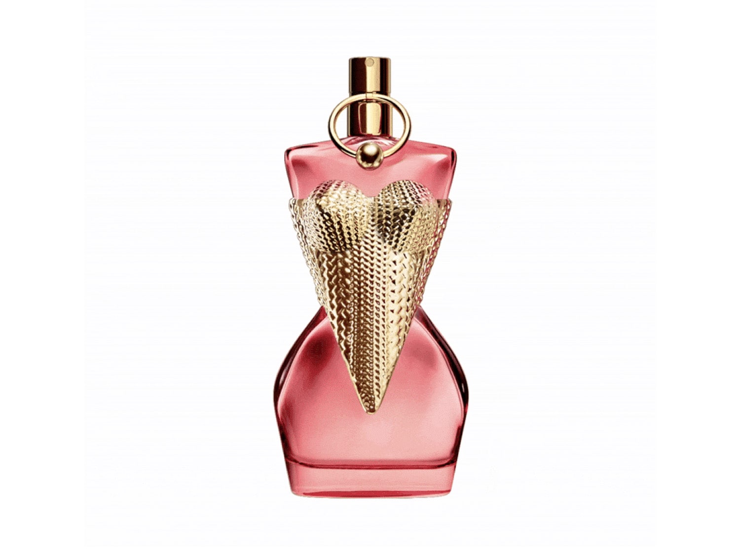 Ružový flakón dámskeho parfumu v tvare ženského tela s ozdobným zlatým korzetom.