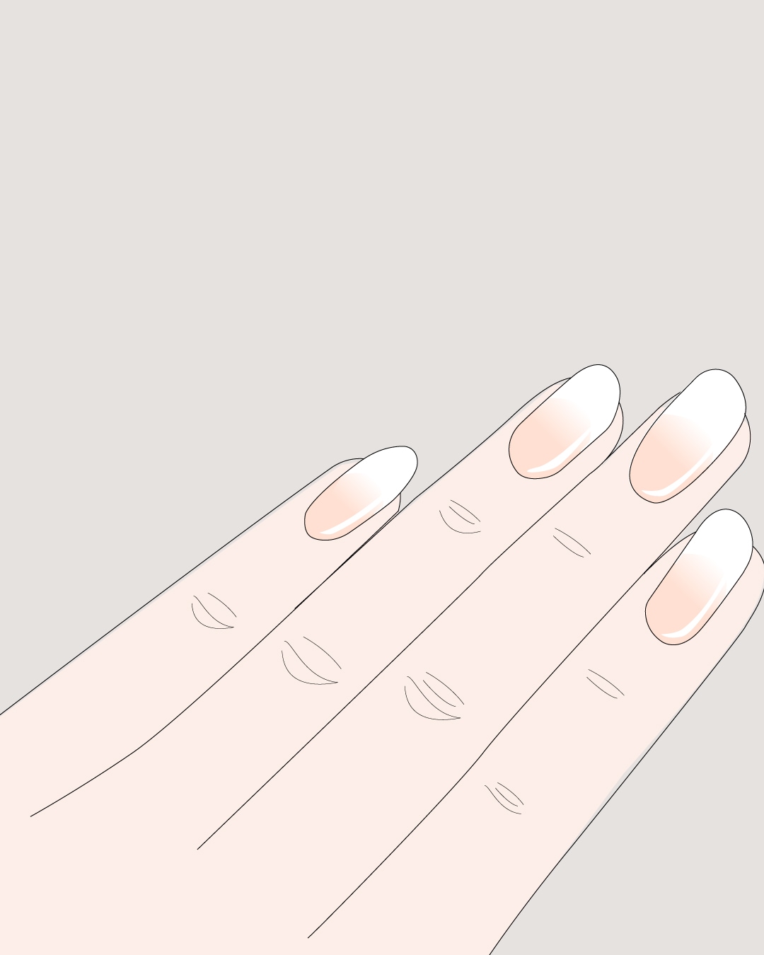 Primo piano di una mano con unghie lunghe ovali, smaltate con french manicure sfumata dal rosa carne al bianco.