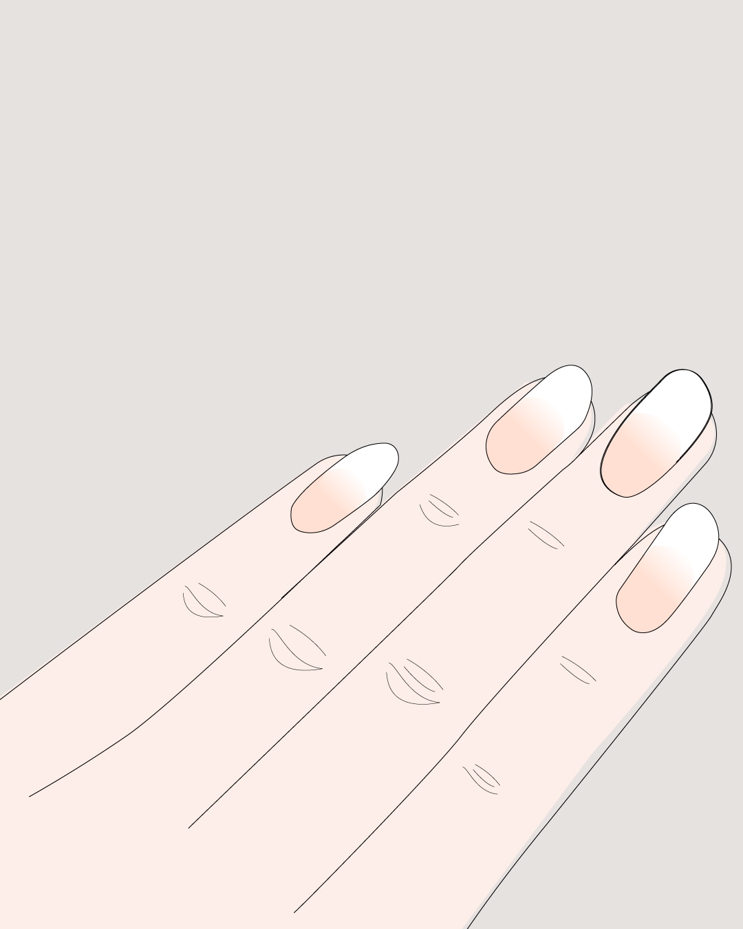 Primo piano di una mano con unghie lunghe e ovali, smaltate con un delicato effetto sfumato dal rosa naturale al bianco.