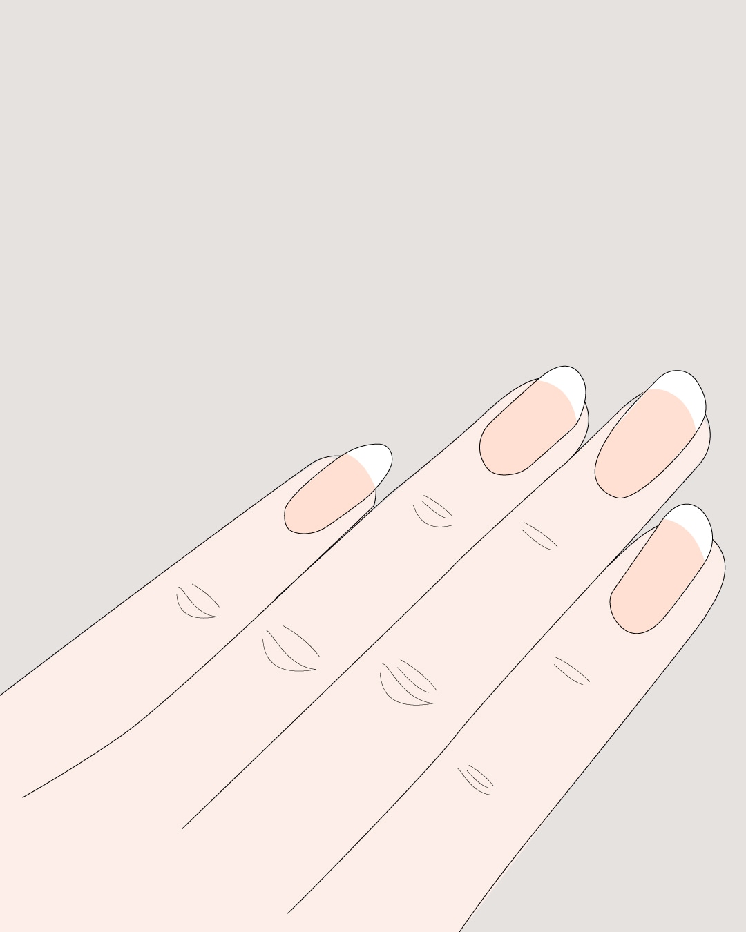 Ecco una mano con unghie curate in stile french manicure, dove la punta bianca contrasta delicatamente con il rosa naturale del letto ungueale.