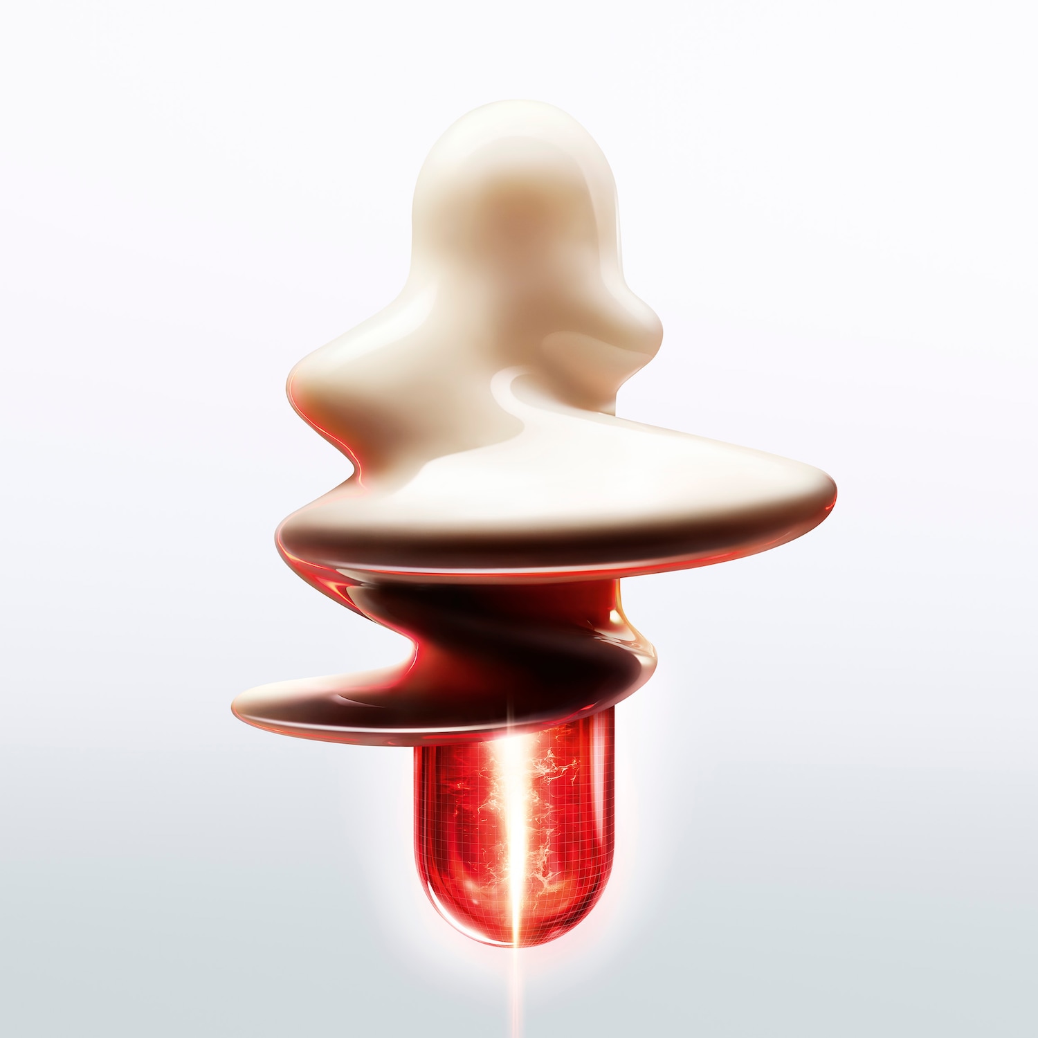 Présentation d'un objet abstrait avec une partie supérieure blanche crémeuse et une base rouge brillante, évoquant une esthétique futuriste et élégante.