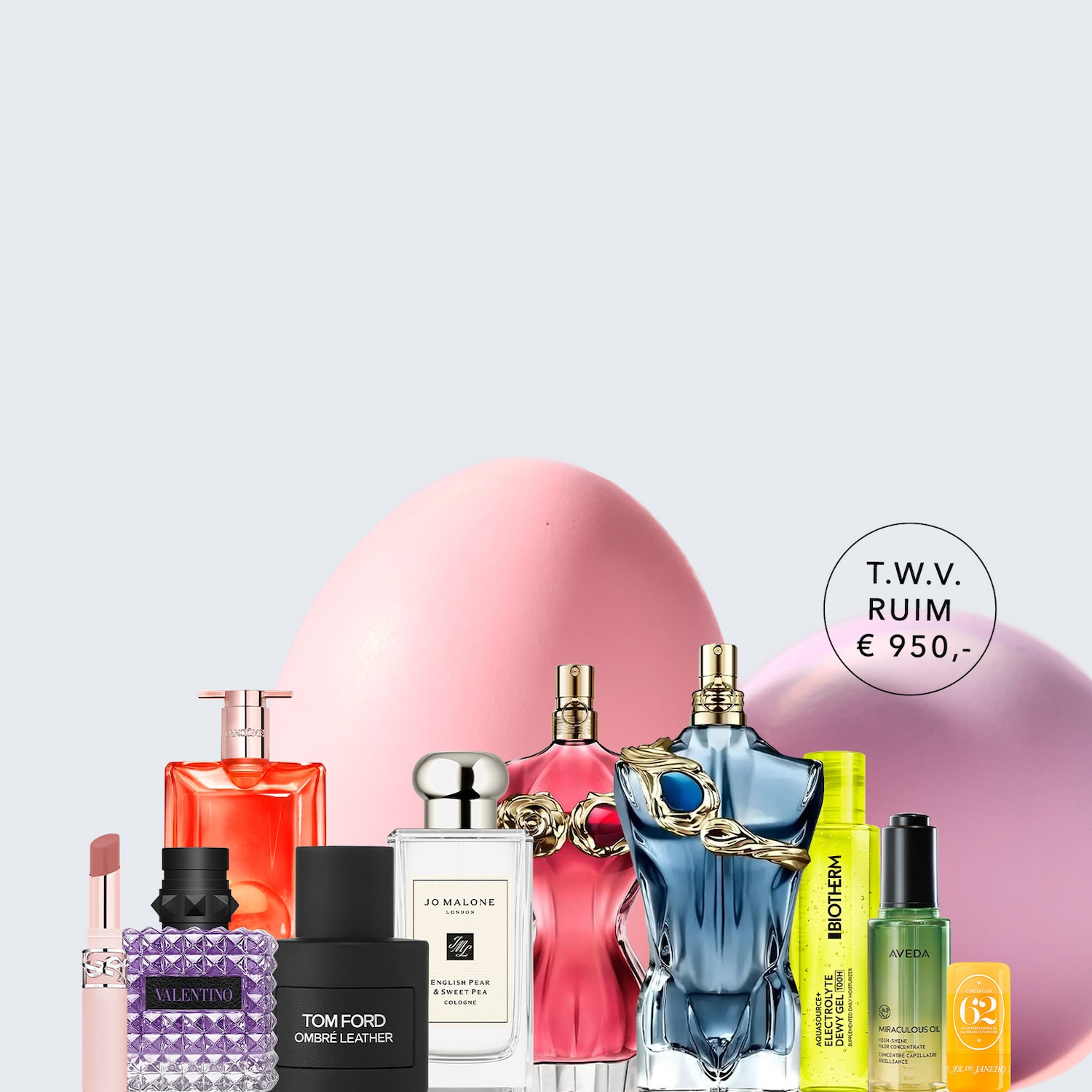 Ontdek een verzameling parfums en cosmetica, waaronder Valentino, Tom Ford, Jo Malone, Biotherm en Aveda, gepresenteerd tegen een zachte achtergrond, nu verkrijgbaar voor €950.