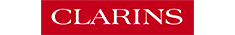 Logo de Clarins en blanc sur fond rouge, représentant la marque de cosmétiques.
