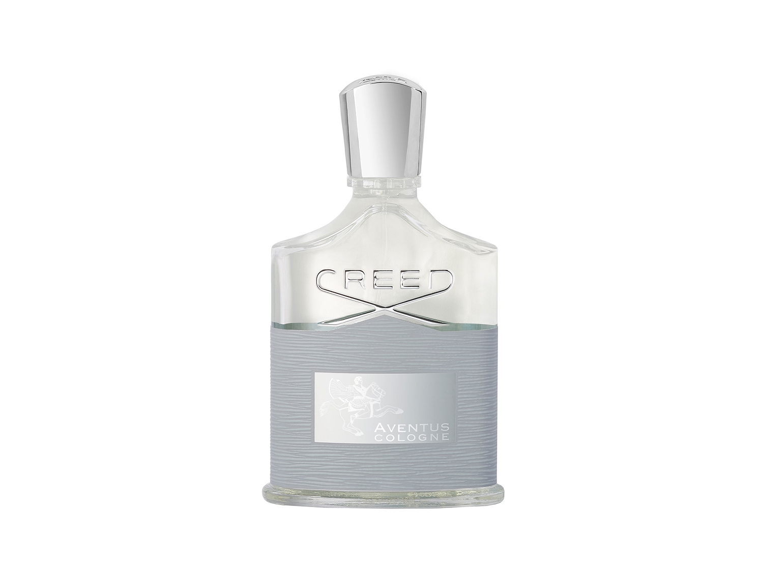 Flaconul de apă de colonie Creed Aventus de 100 ml are un capac argintiu și o etichetă cu logo-ul mărcii.