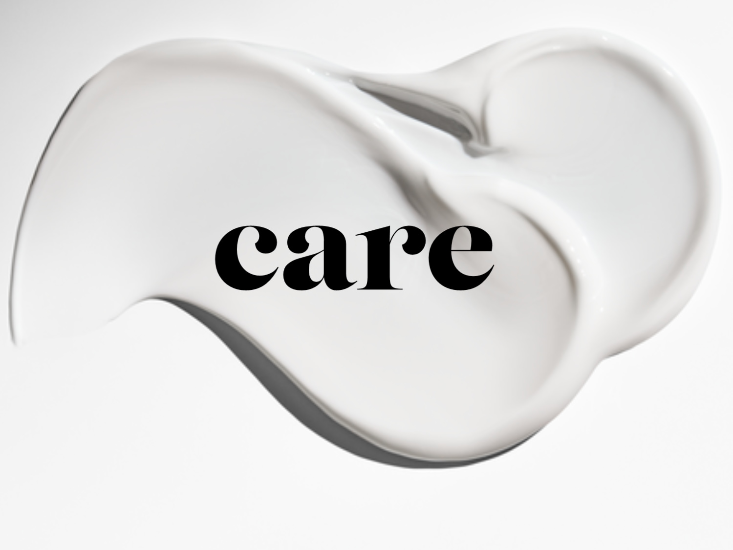 Nahaufnahme eines Klecks weißer Creme mit dem Wort "Pflege" in schwarzer Schrift darauf.