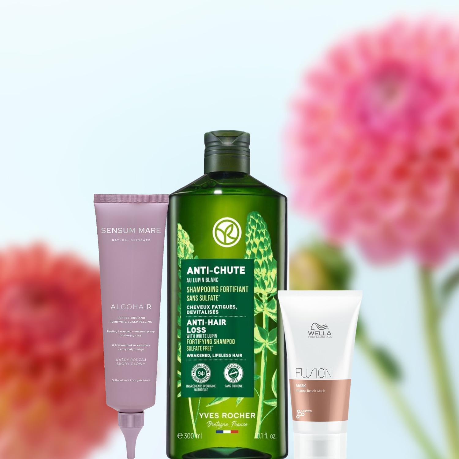 Trzy produkty do pielęgnacji włosów: fioletowy peeling do skóry głowy Sensum Mare, zielony szampon Yves Rocher i biała maska Wella Fusion, na rozmytym tle kwiatów.