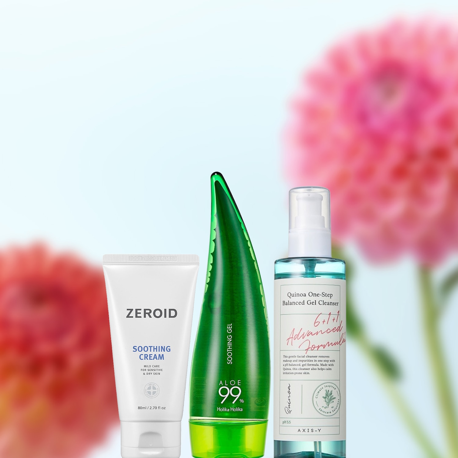 Kolekcja produktów do pielęgnacji skóry: krem łagodzący Zeroid, żel aloesowy Holika Holika i żel oczyszczający Quinoa od Axis-Y, idealne dla wrażliwej skóry.