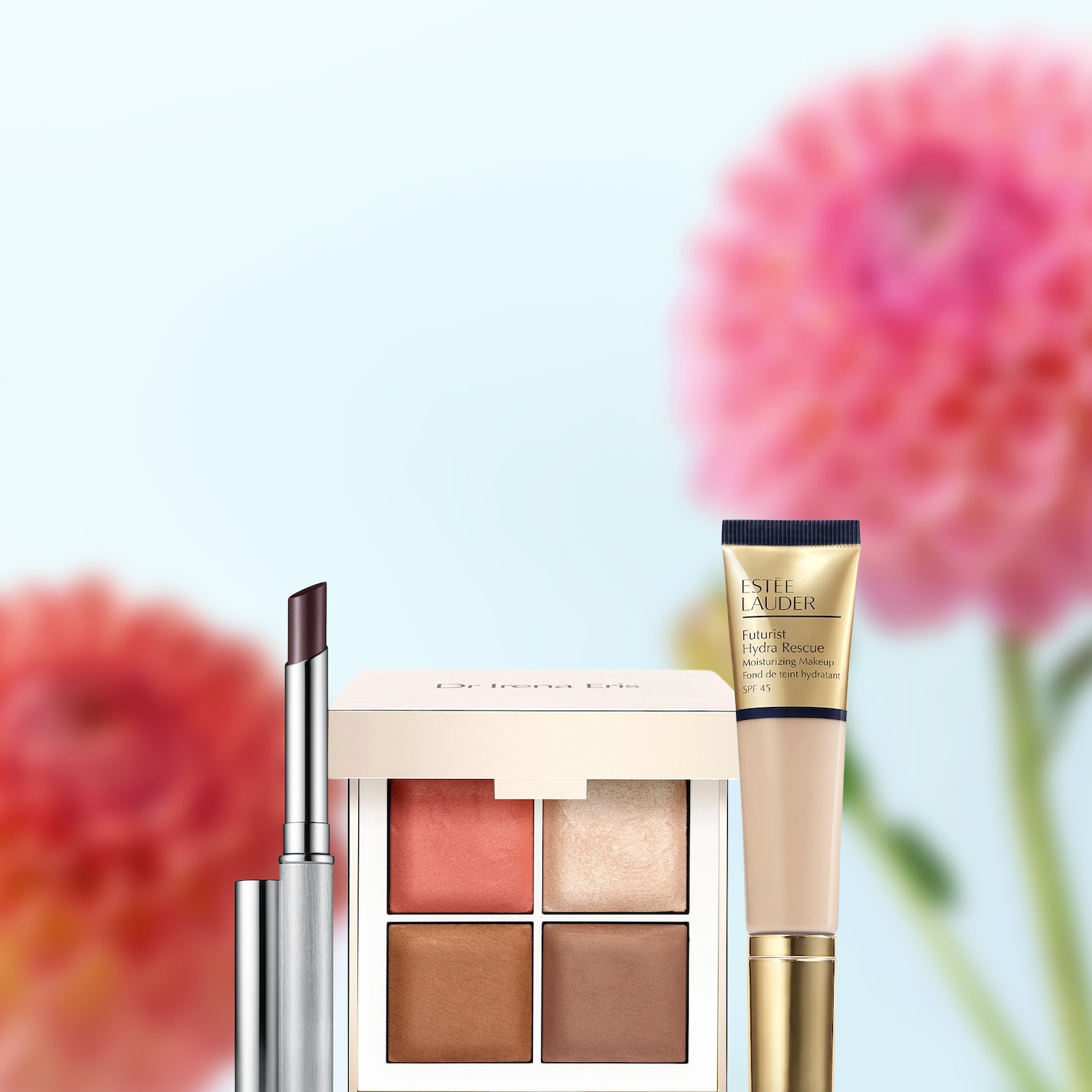 Krem BB Estée Lauder Futurist Hydra Rescue SPF 45 w złotym opakowaniu, paleta do konturowania Dr Irena Eris z czterema odcieniami oraz szminka w srebrnym opakowaniu.