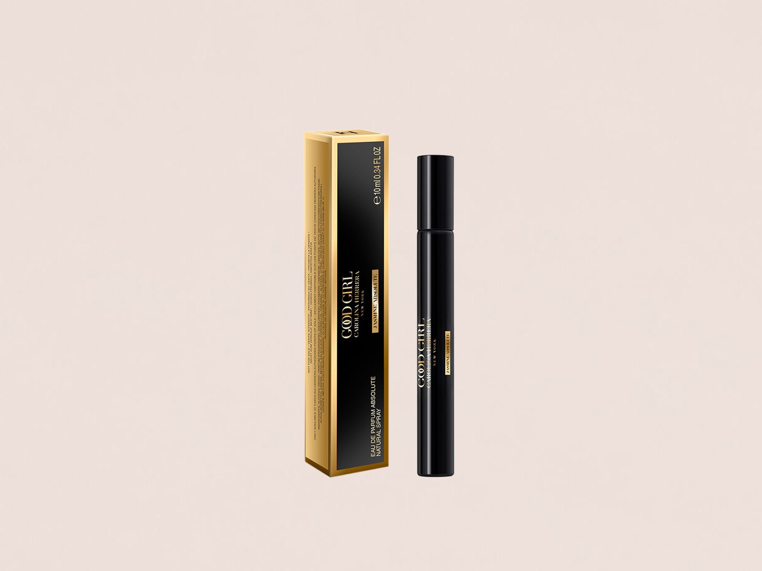 Das Good Girl Eau de Parfum Absolue Natural Spray von Carolina Herrera in einer goldfarbenen Verpackung und einem schwarzen Flakon mit dem Duft Jasmin Absolut.