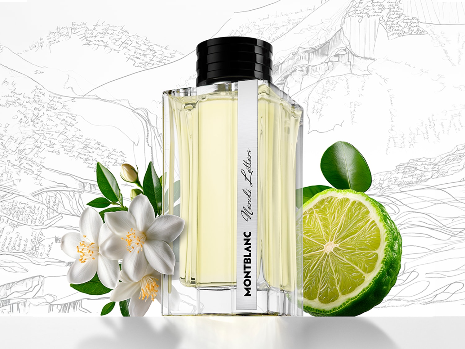 Flakon perfum Montblanc Neroli Letters z białymi kwiatami i połówką limonki na tle szkicu górskiego.
