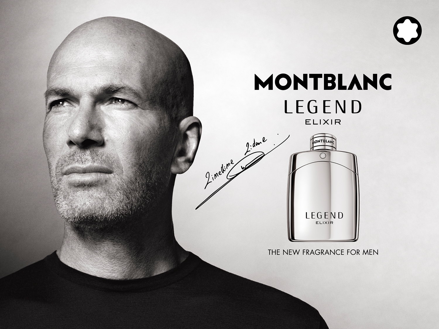 Czarno-białe zdjęcie mężczyzny z krótkimi włosami obok srebrnego flakonu Montblanc Legend Elixir, nowego zapachu dla mężczyzn.