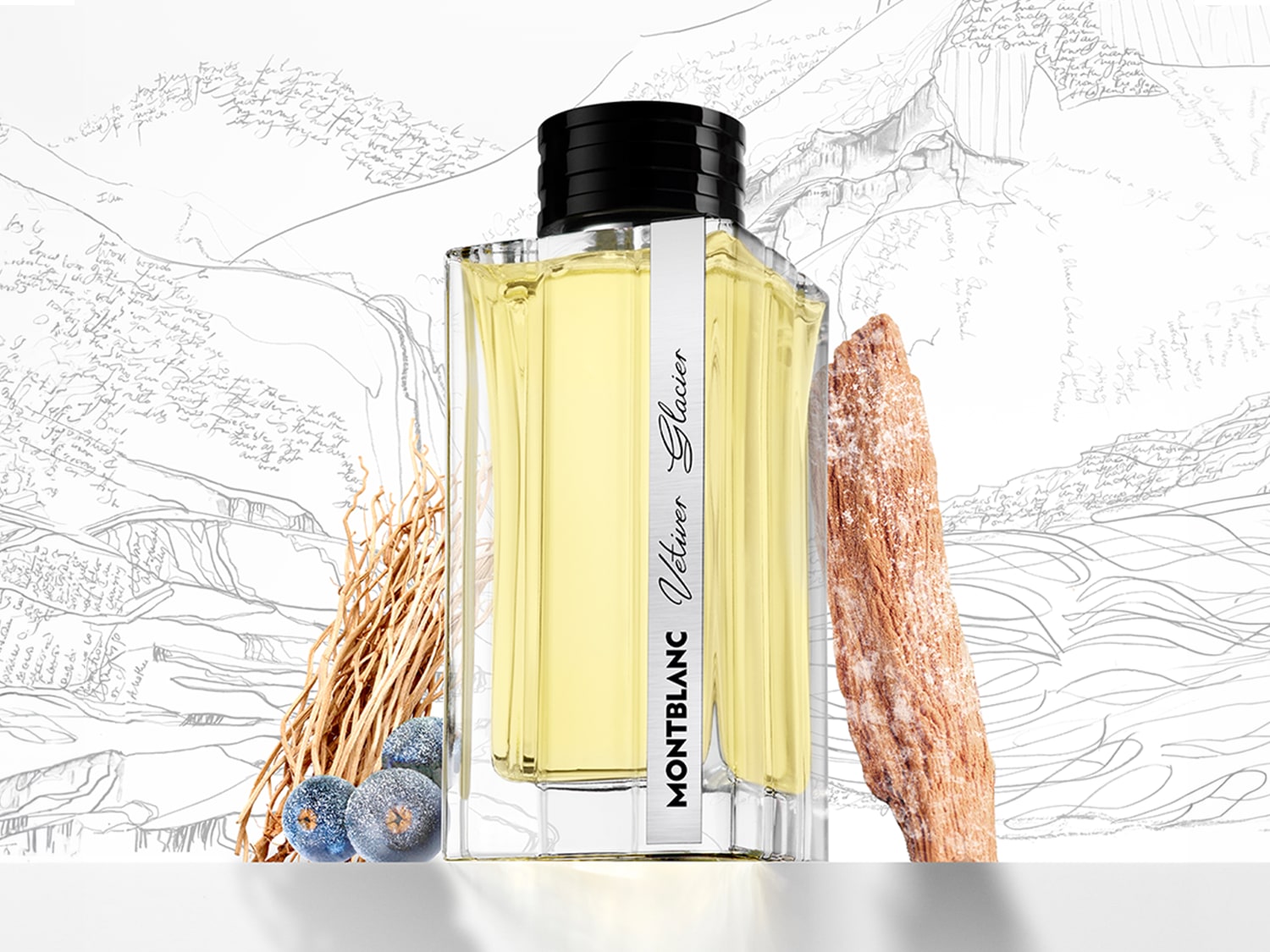 Butelka Montblanc Vetiver Glacier z żółtym płynem, otoczona gałązkami i jagodami na tle szkicu górskiego krajobrazu, prezentująca świeży i drzewny zapach.