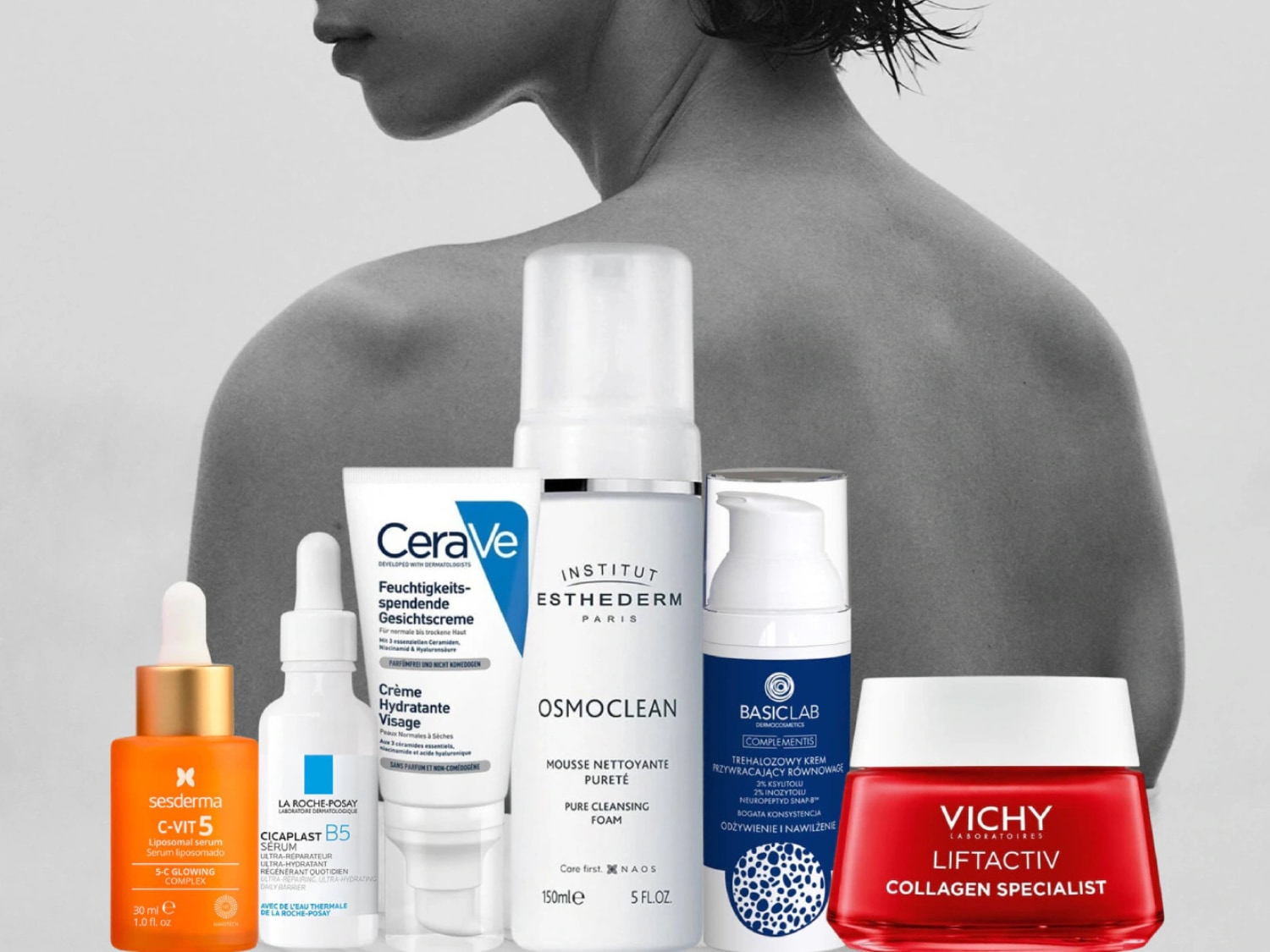 Różnorodność produktów do pielęgnacji skóry, w tym serum liposomowe Sesderma C-Vit 5, krem nawilżający CeraVe i pianka oczyszczająca Institut Esthederm Osmoclean.