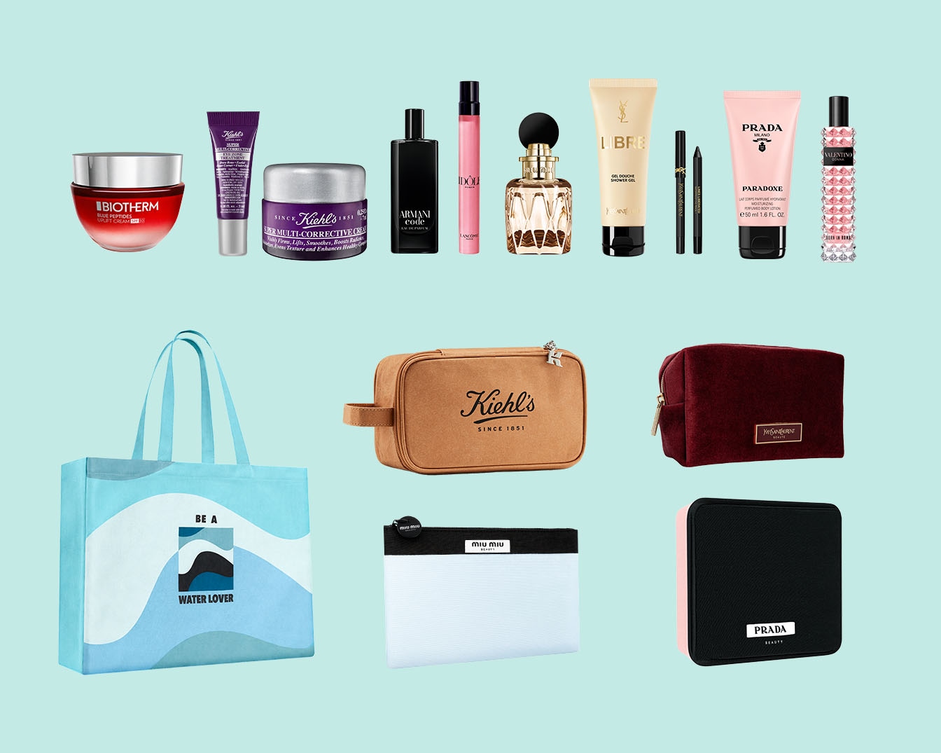 Různé kosmetické produkty a tašky různých značek, včetně Biotherm, Kiehl's, Armani, Lancome, Prada a Valentino, na světle modrém pozadí.