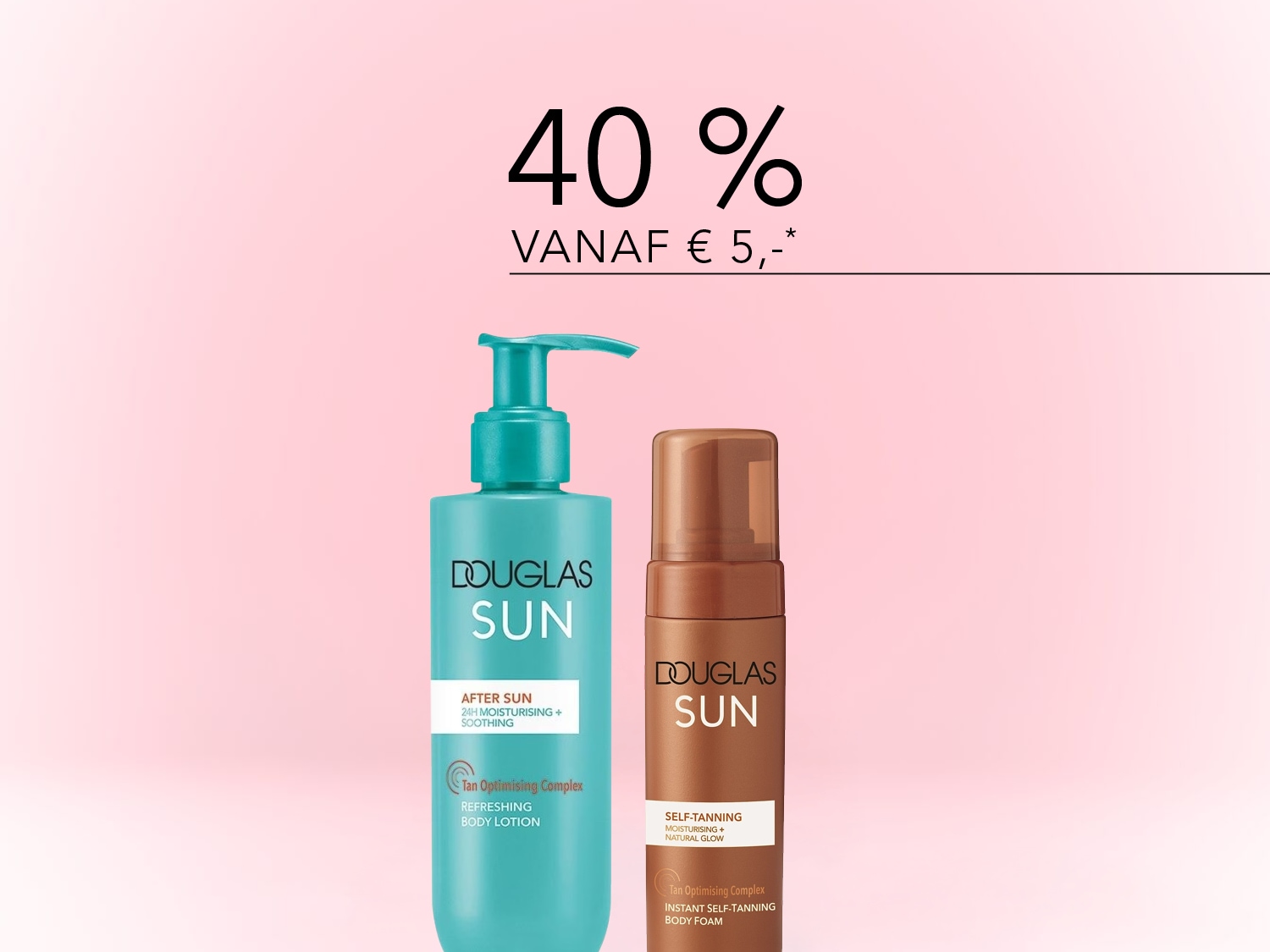 Geniet van 40% korting vanaf € 5,- op Douglas Sun producten, inclusief een blauwe fles After Sun bodylotion en een bruine fles Self-Tanning body foam.